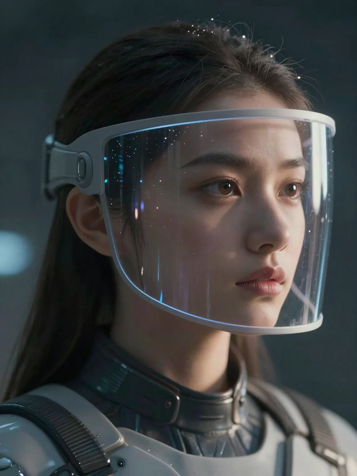 (masterpiece:1.2), best quality, sci-fi aesthetic, (1girl:1.3), gorgeous woman in a futuristic space suit, glass visor reflecting distant stars, (determined and beautiful face visible inside:1.1), cinematic lighting, 2k, ultra detail, 3:4 ratio