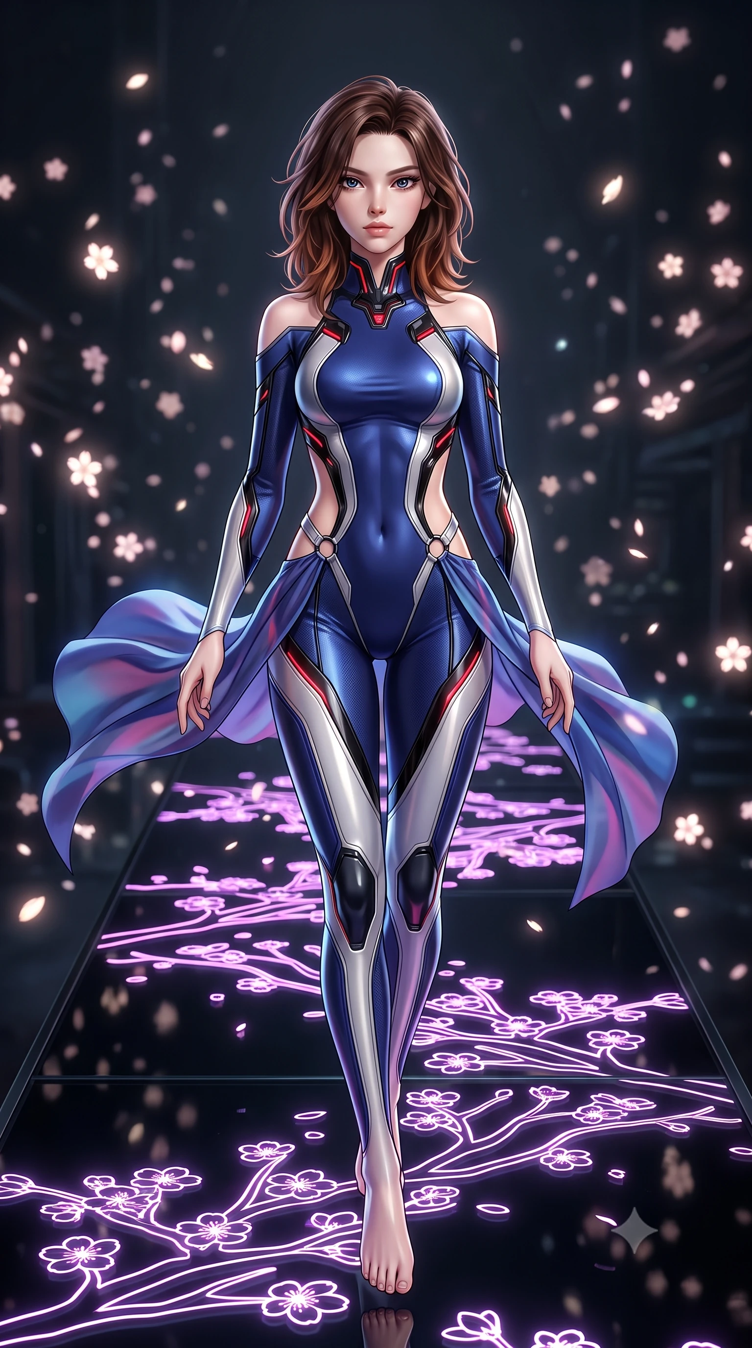 score_9, masterpiece, best quality, ultra-detailed, high-budget anime keyframe, semi-realistic 3D game render, editorial fashion photography, tasteful artistic composition, Korean woman. low angle full-body shot from head to toe showing her feet, filling the entire 9:16 vertical frame with her statuesque presence, stretching her vertical silhouette. performing an alluring mid-air vault with flawless poise, looking directly into the camera with regal, divine intensity while pivoting dynamically on a black glass runway as holographic cherry blossom branches branch out in glowing neon lines. The composition keeps background elements in soft focus with creamy bokeh. drifting holographic blossom particles scattering soft glowing glints across a dark backdrop. She has an absolutely perfect, statuesque 8.5-heads proportion, an exceptionally tall and slender model-like female figure with impossibly long slender legs, a toned flat midriff, and an ultra-slim waist. sharp v-shaped jawline, high-bridge nose, intricate jewel-like eyes with depth, thick eyelashes, glossy lips with a natural sheen, flawlessly proportioned anatomical accuracy, strict slender model proportions, natural body alignment, perfectly sculpted long slender limbs, ultra-slim waistline, clean dynamic posture without body distortion. wearing a statuesque midnight cobalt and polished platinum bodysuit featuring sleek aerodynamic contour lines and glowing circuit accents in high-gloss obsidian black and burning laser crimson accents, made of smooth flowing silk chiffon that shifts colors with movement, detailed with polished silver rings connecting the daring side-waist cutouts, the precision-cut daring openings accentuating her delicate midriff, graceful bare collarbones, and ultra-slim feminine waistline. surrounded by an exotic, romantic, and breathtakingly stylish cyber-goddess aura. rich saturated anime colors with glowing neon highlights, detailed shading with soft gradients, rich glossy textures, high-contrast stereoscopic depth, volumetric dynamic lighting, master piece, 9:16 ratio