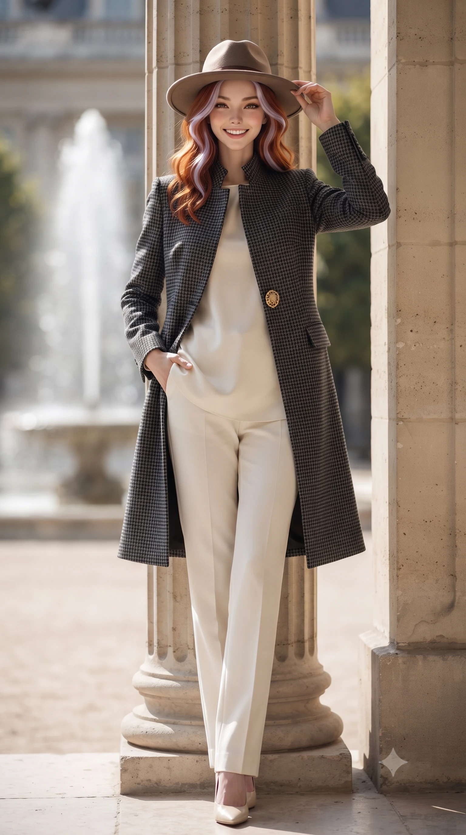 score_9, masterpiece, best quality, ultra-detailed, high-budget anime keyframe, editorial fashion photography, tasteful artistic composition, Caucasian woman. low angle full-body shot from head to toe showing her feet, filling the entire 9:16 vertical frame with her statuesque presence, stretching her vertical silhouette. standing tall and centered in the frame with hands tucked into her coat pockets, radiating statuesque poise and calm warmth while leaning poised against a fluted neoclassical stone pillar, one hand touching the brim of her felt fedora with timeless poise. The background shows a soft-focus central palace fountain spray softened in serene 17th-century Parisian garden shallow focus. She has an exceptionally tall and slender model-like 8.5-heads proportion, an ultra-slim waist, a flat toned midriff, narrow delicate ribcage, and beautifully sculpted feminine hips creating a graceful, slim hourglass silhouette without any bulky heaviness, with impossibly long slender legs. sharp v-shaped jawline, high-bridge nose, intricate jewel-like sparkling eyes with depth, thick eyelashes, glossy parted lips with a natural peach sheen, bright cheerful beaming smile with an enchanting and coquettish sensual glint, exuding both youthful cute charm and seductive allure, flawlessly proportioned anatomical accuracy, strict slender model proportions, natural body alignment, perfectly sculpted long slender limbs, ultra-slim waistline, clean dynamic posture without body distortion. wearing a stand-collar tailored linen-silk coat layered over a minimalist silk tunic and straight-leg pressed trousers in classic Savile Row charcoal houndstooth and crisp ivory, woven from fine Australian merino wool with a smooth fluid drape and subtle sheen, accented with an ornate 24k gold lion-embossed crest button along the front closure, the expertly draped wool fabric falling in crisp fluid lines along her tall 8.5-heads silhouette, celebrating her slender frame without excess fabric bulk. bathed in rhythmic alternating pools of bright autumn afternoon sun and soft shaded stone arcade ambient light. ultra-reflective glossy finish, specular highlights, rich textural contrasts, high-contrast stereoscopic depth, volumetric dynamic lighting, 2k, ultra detail, master piece, 9:16 ratio