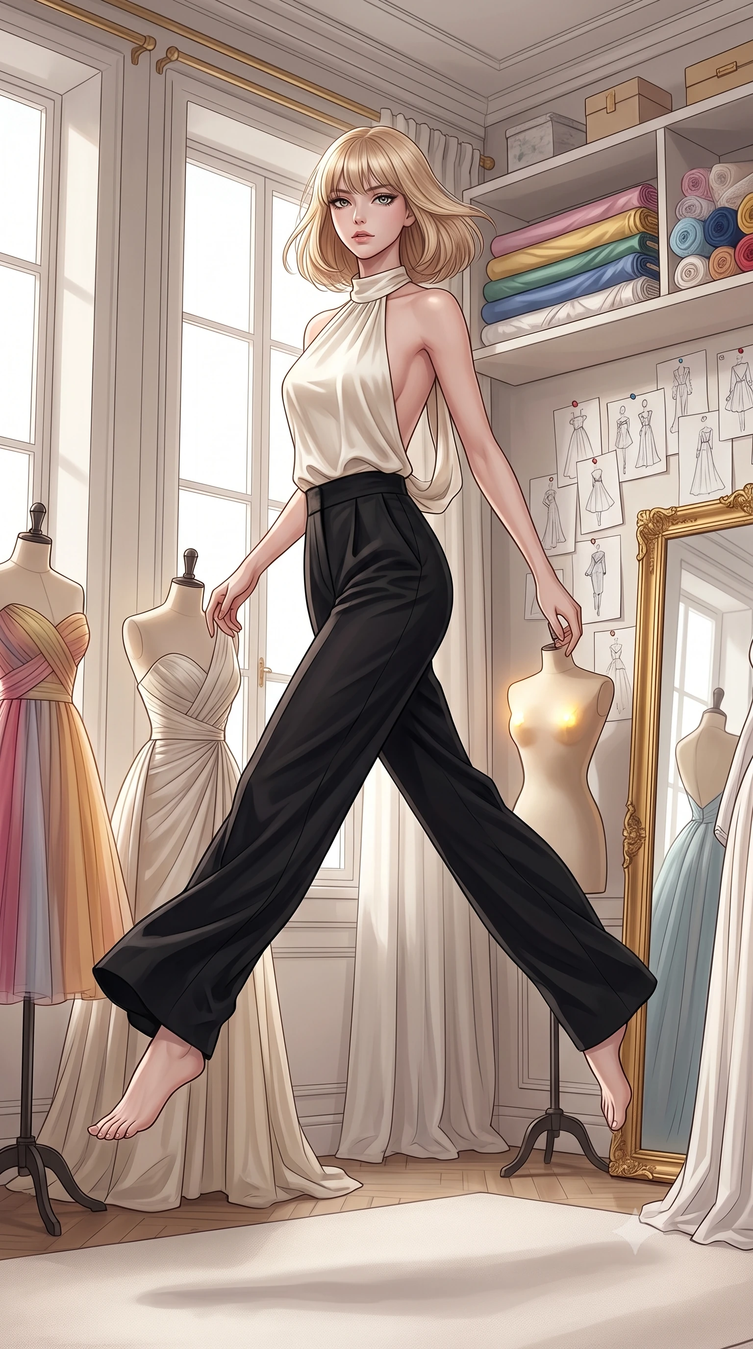 score_9, masterpiece, best quality, ultra-detailed, high-budget anime keyframe, editorial fashion photography, tasteful artistic composition, Japanese woman. low angle full-body shot from head to toe showing her feet, filling the entire 9:16 vertical frame with her statuesque presence, stretching her vertical silhouette. leaping gracefully through a luxury fashion designer's private studio with elegant dress forms draped in half-finished couture gowns bolts of silk and tulle stacked on shelves fashion sketches pinned everywhere and gilt-framed mirrors. She has a statuesque 8.5-heads proportion, an exceptionally tall, slender and willowy model-like build with impossibly long legs and a highly sculpted ultra-slim waist. sharp v-shaped jawline, high-bridge nose, intricate jewel-like eyes with depth, thick eyelashes, glossy lips with a natural sheen. wearing an ivory silk halter-neck top with a draped open back, tucked into tailored black wide-leg trousers. soft diffused daylight from tall north-facing windows providing perfect neutral studio illumination with warm accent spotlights on key dress forms. 2k, ultra detail, master piece, 9:16 ratio