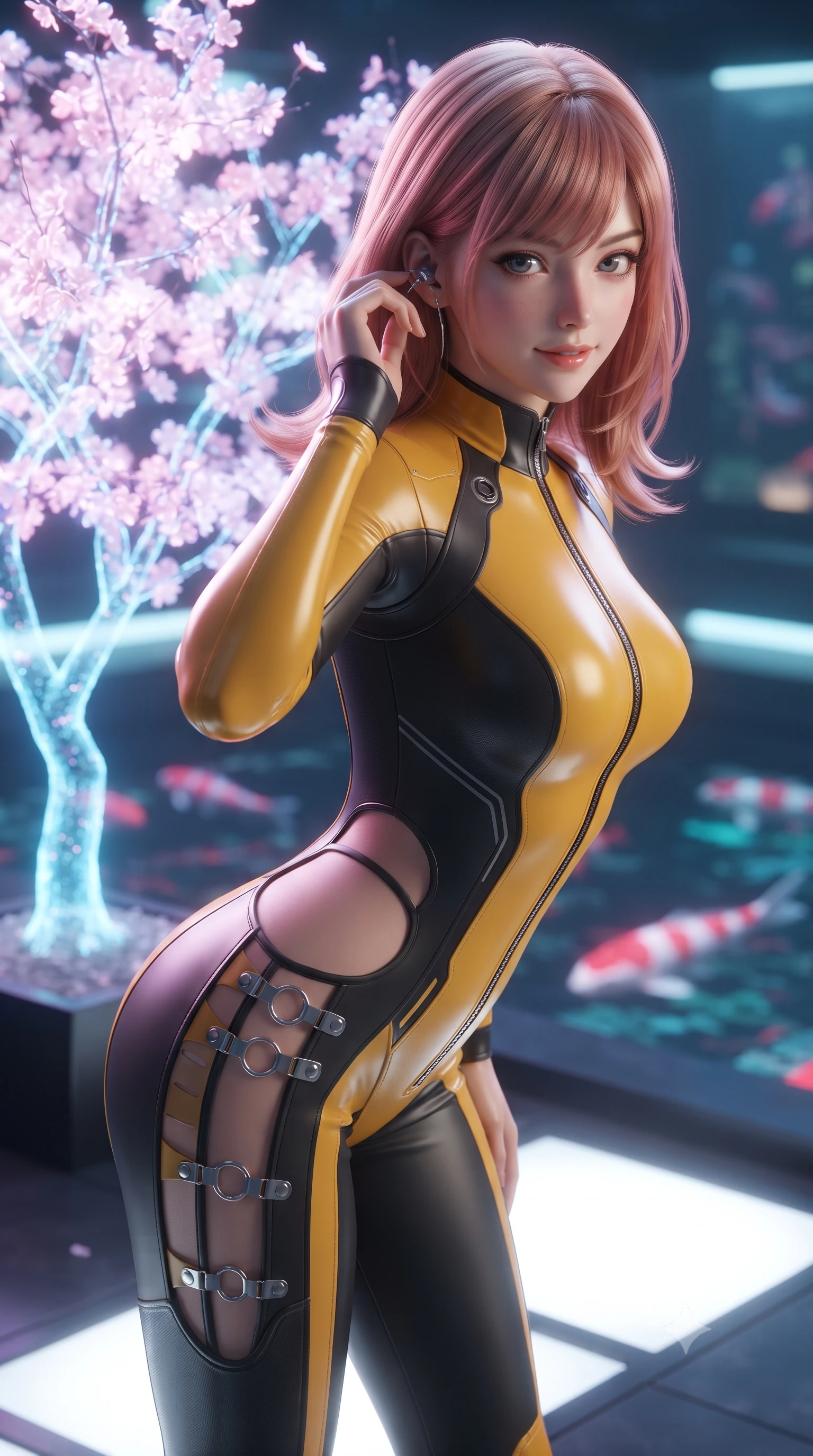 score_9, masterpiece, best quality, ultra-detailed, high-budget anime keyframe, editorial fashion photography, tasteful artistic composition, Japanese woman. close-up cowboy shot from the waist and thighs up, the character dominates the composition, filling the frame with her large presence. tilting her head with a captivating smile while arching her spine with dancer poise, one hand adjusting her ear comm-link in a flirtatious S-curve while standing poised beside a glowing holographic cherry blossom tree with hips cocked back, looking into the camera with bedroom-eyes. The background shows a soft-focus a quiet digital koi pond with swimming neon fish softened in poetic futuristic Japanese shallow focus. She has an exceptionally elegant, slender, and willowy female figure with an ultra-slim waist, flat toned midriff, narrow ribcage, and sculpted feminine hips creating an alluring, slim hourglass silhouette without bulk. sharp v-shaped jawline, high-bridge nose, intricate jewel-like sparkling eyes with depth, thick eyelashes, glossy parted lips with a natural sheen, bright confident smile with an enchanting and coquettish sensual glint, exuding both youthful magnetic charm and sovereign high-tech allure, flawlessly proportioned anatomical accuracy, strict slender model proportions, natural body alignment, perfectly sculpted long slender limbs, ultra-slim waistline, clean dynamic posture without body distortion. wearing a high-performance speeder pilot catsuit with ergonomic silicone grip lines and strategic hip cutouts in industrial hazard yellow and matte carbon black, made of supple second-skin compression stretch jersey clinging flawlessly to her form, finished with sharp laser-cut side ventilation slits framed by silver hardware rings, the form-fitting tactical tailoring adhering flawlessly to her sculpted flat midriff and slender torso, emphasizing her long leg lines and perfectly proportioned willowy build. illuminated by floor light panels and sharp rose-gold rim lighting sculpting her razor-sharp jawline, narrow waist, and curvy hips. ultra-reflective glossy finish, specular highlights, rich textural contrasts, high-contrast stereoscopic depth, volumetric dynamic lighting, 2k, ultra detail, master piece, 9:16 ratio