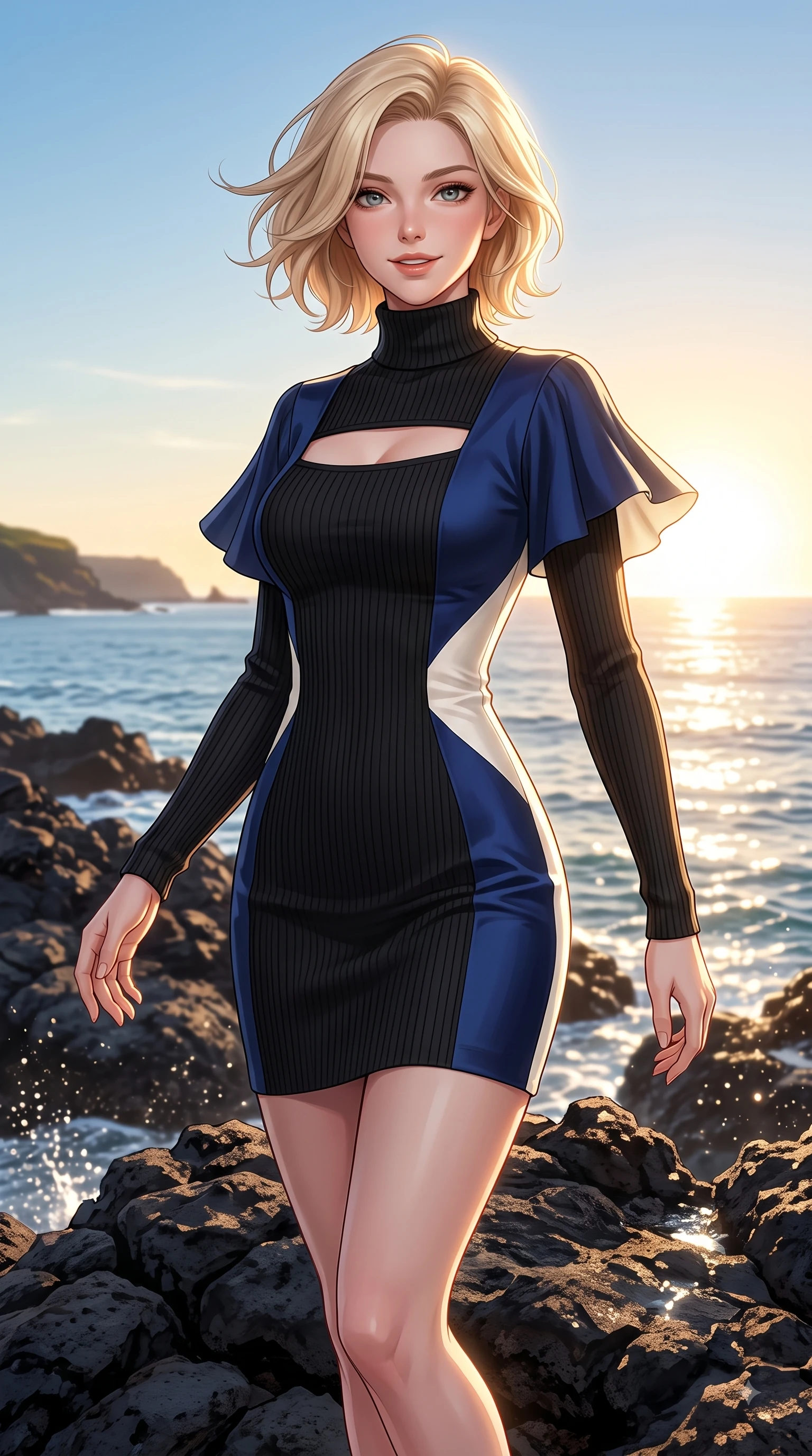 score_9, masterpiece, best quality, ultra-detailed, high-budget anime keyframe, editorial fashion photography, tasteful artistic composition, Caucasian woman. close-up cowboy shot from the waist and thighs up, the character dominates the composition, filling the frame with her large presence. Radiant anticipation in her face, glowing with hopeful curiosity and warm expectant energy while pivoting in mid-motion on dark volcanic rocks with a windswept, magnetic stance. The surrounding environment is rendered in vivid detail and crisp panoramic clarity. crisp ocean horizon and golden hour sea refractions captured with environmental sharpness. She has an exceptionally elegant, slender, and willowy female figure with an ultra-slim waist, a gracefully sculpted slender torso, and a refined silhouette. sharp v-shaped jawline, high-bridge nose, intricate jewel-like eyes with depth, thick eyelashes, glossy lips with a natural sheen, flawlessly proportioned anatomical accuracy, natural body alignment, perfectly sculpted elegant limbs, clean dynamic posture without body distortion. wearing a chic black ribbed turtleneck knit dress accentuating her slender waist in royal navy blue and pure ivory, crafted from smooth liquid silk satin, featuring elegant flutter sleeves and a graceful square neckline, the chic fashion cut framing her graceful clavicle and slender torso. bathed in glorious golden hour sunset backlighting and sparkling ocean refractions. highly saturated vibrant anime colors, detailed shading with soft gradients, rich glossy textures, high-contrast stereoscopic depth, volumetric dynamic lighting, master piece, 9:16 ratio