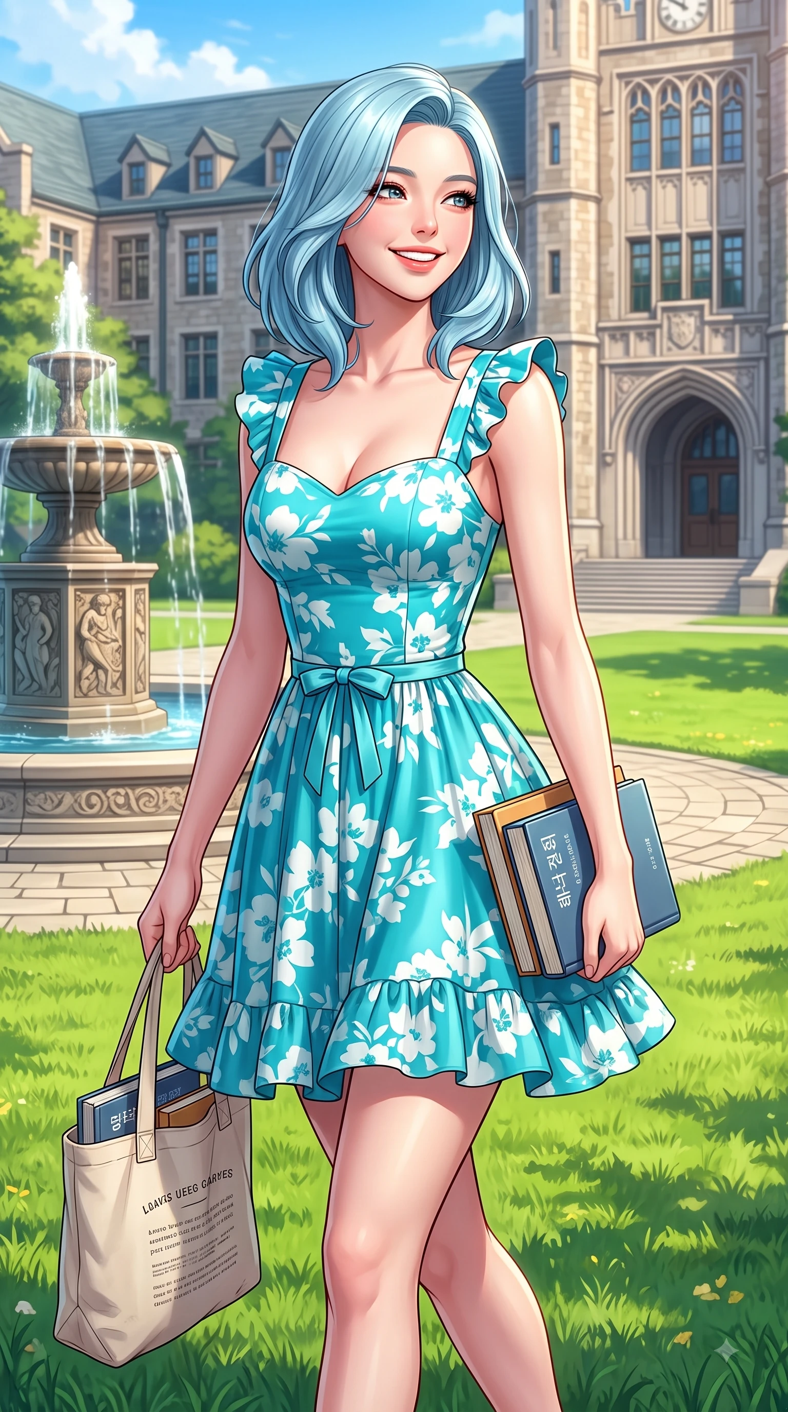 score_9, masterpiece, best quality, ultra-detailed, high-budget anime keyframe, editorial fashion photography, tasteful artistic composition, Korean woman. close-up cowboy shot from the waist and thighs up, the character dominates the composition, filling the frame with her large presence. Radiant youthful grin reflecting girlhood charm while casting a playful, joyful side-gaze with heavy lashes while walking happily across a sunlit university campus lawn carrying a canvas tote bag and books. The surrounding environment is rendered in vivid detail and crisp panoramic clarity. intricate fountain carvings, sunlit quad lawn textures, and historical university facade in deep focus. She has an exceptionally elegant, slender, and willowy female figure with an ultra-slim waist, a gracefully sculpted slender torso, and a refined silhouette. sharp v-shaped jawline, high-bridge nose, intricate jewel-like eyes with depth, thick eyelashes, glossy lips with a natural sheen, flawlessly proportioned anatomical accuracy, natural body alignment, perfectly sculpted elegant limbs, clean dynamic posture without body distortion. wearing a bright floral print ruffle sundress with a gentle sweetheart neckline in ocean turquoise and sea-salt white, crafted from smooth fluid silk satin, accented with a dainty waist ribbon bow, the chic real-way fashion cut emphasizing her effortless charm. surrounded by an uplifting, fresh, and youthful academic atmosphere. highly saturated vibrant anime colors, detailed shading with soft gradients, rich glossy textures, high-contrast stereoscopic depth, volumetric dynamic lighting, master piece, 9:16 ratio
