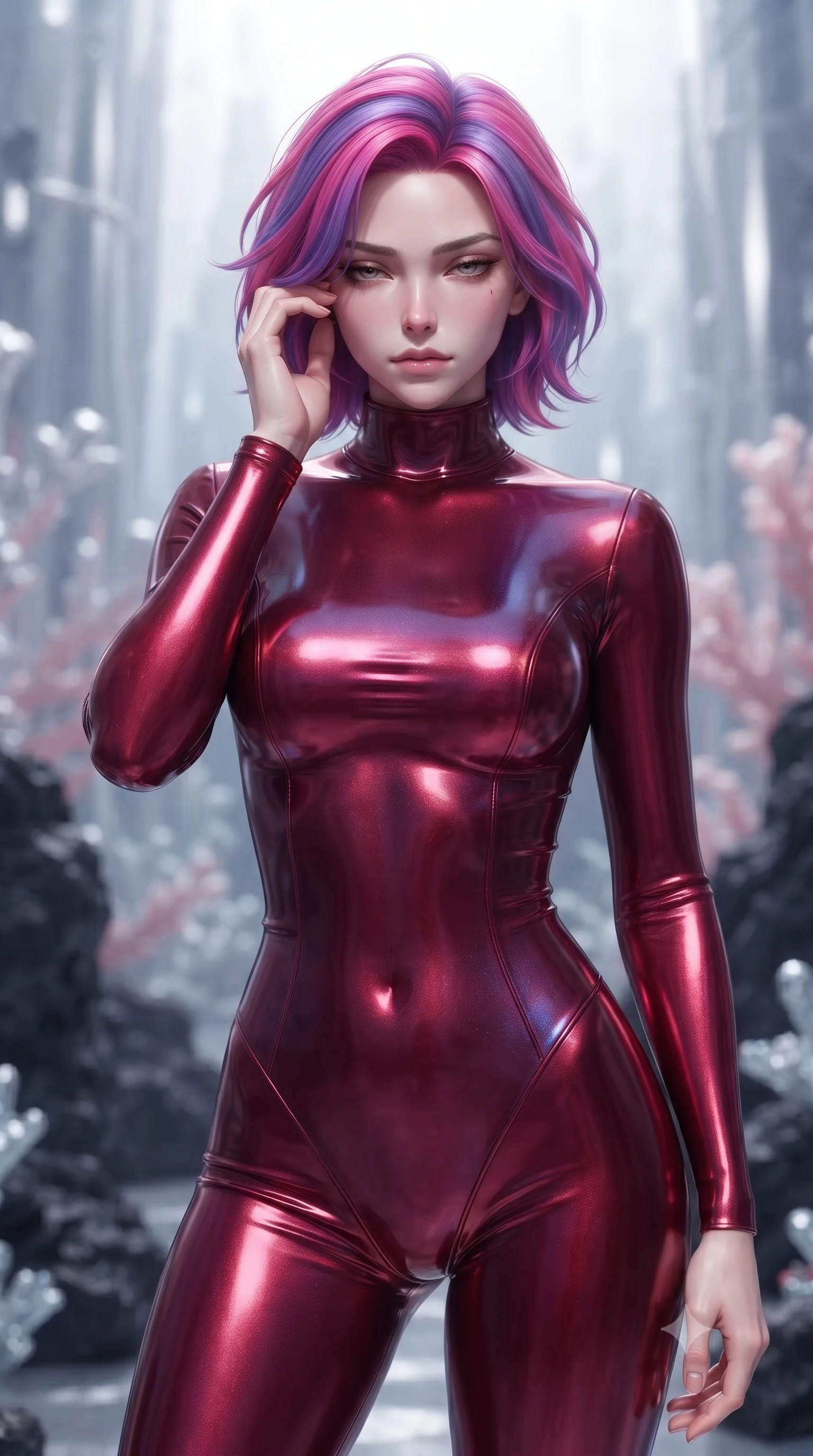 score_9, masterpiece, best quality, ultra-detailed, high-budget anime keyframe, editorial fashion photography, tasteful artistic composition, Caucasian woman. close-up cowboy shot from the waist and thighs up, the character dominates the composition, filling the frame with her large presence, background elements kept in soft focus. gently touching the side of her temple, casting a heavy-lidded, sultry look past the camera, the background shows a soft-focus a mercury coral forest with towering silver structures and black volcanic rock. She has an exceptionally elegant, slender, and willowy female figure with an ultra-slim waist, a gracefully sculpted slender torso, and a refined silhouette. sharp v-shaped jawline, high-bridge nose, intricate jewel-like eyes with depth, thick eyelashes, glossy lips with a natural sheen. wearing a tailored form-contouring high-neck bodycon suit in deep crimson, contouring her athletic build like a second skin. soft indigo starlight wrapping her form in a cool, specular glaze. ultra-reflective glossy finish, specular highlights, metallic sheen, high-contrast stereoscopic depth, volumetric dynamic lighting, 2k, ultra detail, master piece, 9:16 ratio