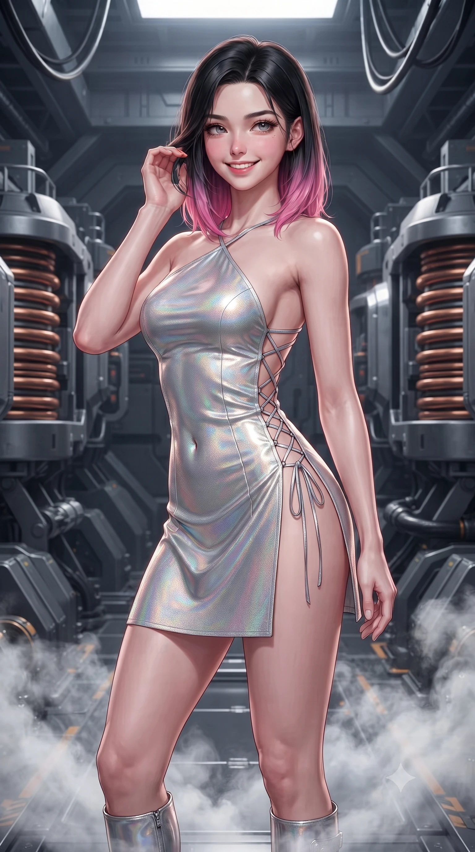score_9, masterpiece, best quality, ultra-detailed, high-budget anime keyframe, editorial fashion photography, tasteful artistic composition, Korean woman. close-up cowboy shot from the waist and thighs up, the character dominates the composition, filling the frame with her large presence. gently brushing a lock of hair behind her ear while casting a playful, flirtatious side-gaze with long eyelashes while standing poised between massive electromagnetic acceleration coils on the open launch gantry, arching her spine with tactical warrior grace as vaporized coolant steam swirls around her boots. The surrounding environment is rendered in vivid detail and crisp panoramic clarity: detailed tactical flight jumpsuit texture, carbon-fiber armor seams, and military aerospace carrier engineering in high resolution. She has an exceptionally elegant, slender, and willowy female figure with an ultra-slim waist, flat toned midriff, narrow ribcage, and sculpted feminine hips creating an alluring, slim hourglass silhouette without bulk. sharp v-shaped jawline, high-bridge nose, intricate jewel-like sparkling eyes with depth, thick eyelashes, glossy parted lips with a natural peach sheen, bright cheerful beaming smile with an enchanting and coquettish sensual glint, exuding both youthful cute charm and seductive allure, flawlessly proportioned anatomical accuracy, strict slender model proportions, natural body alignment, perfectly sculpted long slender limbs, ultra-slim waistline, clean dynamic posture without body distortion. wearing a backless liquid foil flight mini dress with criss-cross spinal straps and daring high side slit in iridescent mother-of-pearl and liquid molten silver, tailored from high-density tech-wool with subtle metallic thread weave, featuring fine criss-cross lace-up side ties revealing tantalizing glimpses of her hip curve, the high-slit wrap tailoring accentuating her ultra-slim waistline and the enchanting curve of her feminine hips with alluring seductive charm. illuminated by wet metal deck bounce and sharp amber-gold rim lights defining her dewy collarbones, ultra-slim waist, and curvy hips. ultra-reflective glossy finish, specular highlights, rich textural contrasts, high-contrast stereoscopic depth, volumetric dynamic lighting, 2k, ultra detail, master piece, 9:16 ratio