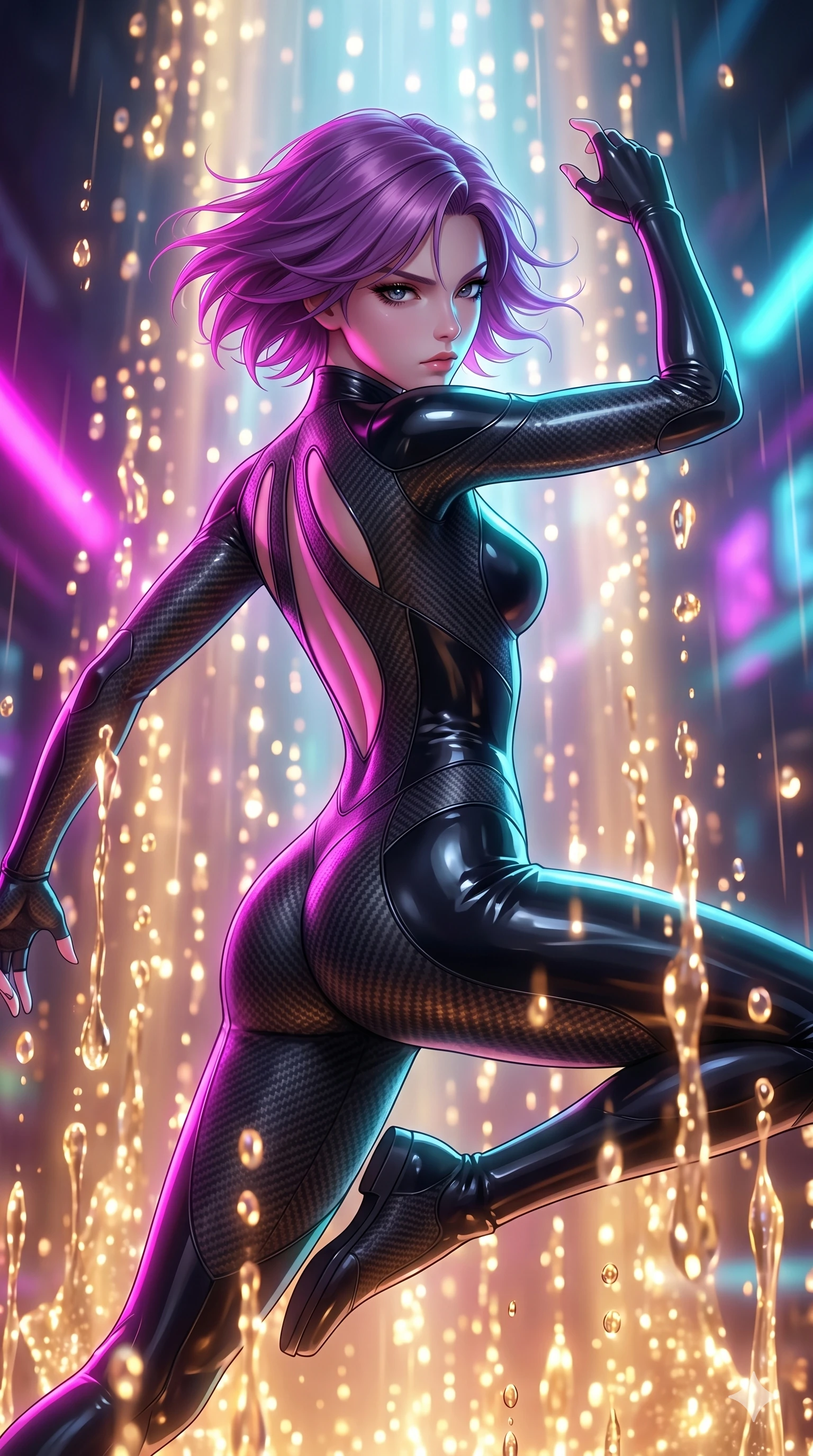 score_9, masterpiece, best quality, ultra-detailed, high-budget anime keyframe, Japanese woman. upper body close-up from the thighs up, character filling the screen for maximum presence. dodging ethereal liquid gold rain that rises upward from the ground in warm shimmering droplets under an inverted gravity field. She has an absolutely perfect 8-heads proportion, an exceptionally tall and slender female figure with impossibly long slender legs and an ultra-slim waist. V-shaped jawline, high-bridge nose, intricate jewel-like eyes with depth, thick eyelashes, glossy lips with a natural sheen.. wearing a second-skin carbon fiber combat suit, featuring matte carbon fiber and glossy latex panels with elegant slitted cutouts on the upper back. bathed in brilliant cinematic volumetric lighting and intense neon rim light highlighting her slender form. 2k, ultra detail, master piece, 9:16 ratio