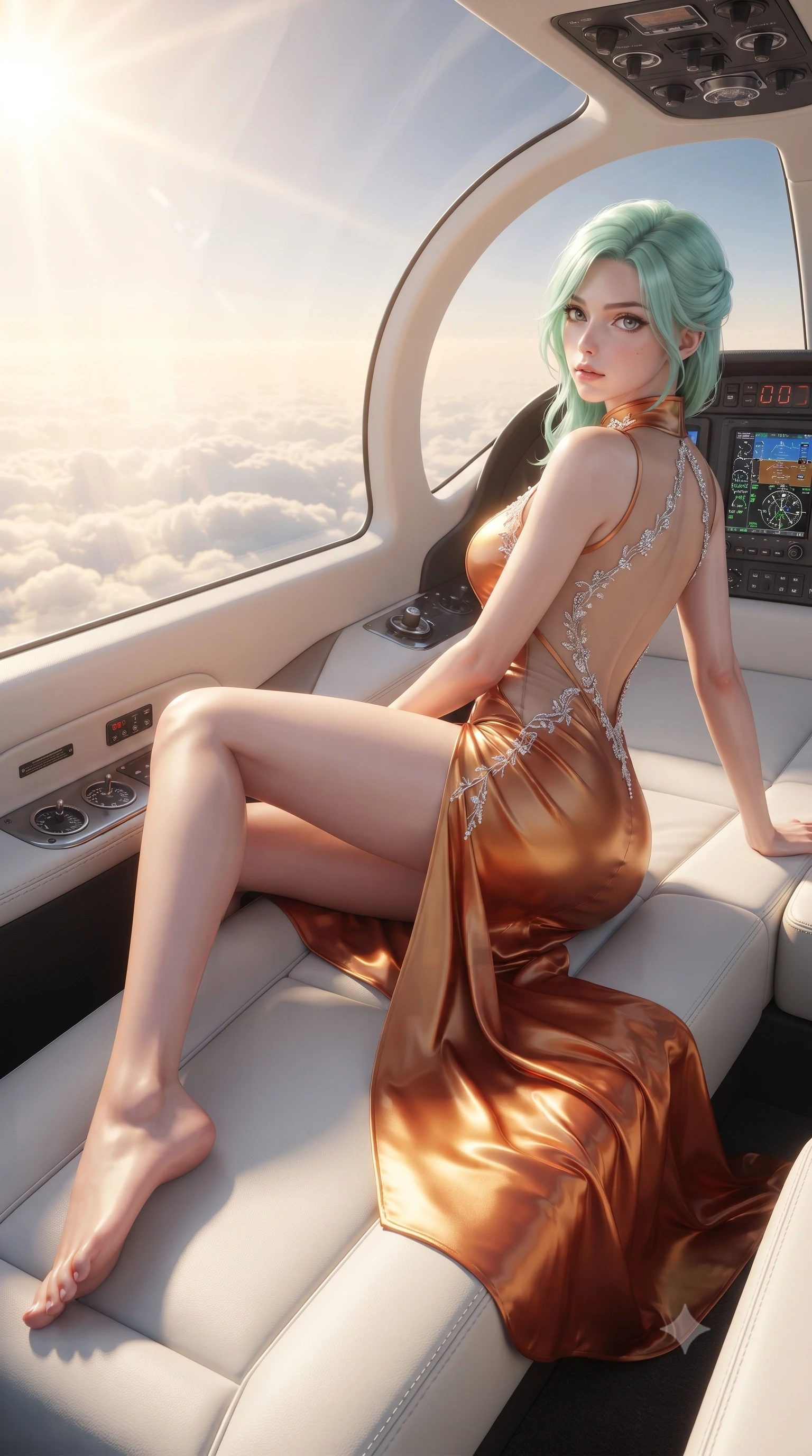score_9, masterpiece, best quality, ultra-detailed, high-budget anime keyframe, editorial fashion photography, tasteful artistic composition, Japanese woman. low angle full-body shot from head to toe showing her feet, filling the entire 9:16 vertical frame with her statuesque presence, stretching her vertical silhouette. executing an elegant mid-motion pivot turn as garments swirl around her slender limbs, glancing over her shoulder with an intoxicating bedroom-gaze while reclining across the private sky-lounge sunbed, one slender leg extended to accentuate her willowy yet curvy silhouette above the cloud horizon. The surrounding environment is rendered in vivid detail and crisp panoramic clarity. sharp stitched white leather upholstery seams, polished chrome avionics dials, and scratchless aircraft canopy glass in deep focus. She has an exceptionally tall and slender model-like 8.5-heads proportion, an ultra-slim waist, a flat toned midriff, narrow delicate ribcage, and beautifully sculpted feminine hips creating a graceful, slim hourglass silhouette without any bulky heaviness, with impossibly long slender legs. sharp v-shaped jawline, high-bridge nose, intricate jewel-like eyes with depth, thick eyelashes, glossy parted lips with a natural sheen, intensely captivating and seductive bedroom-eyes expression, flawlessly proportioned anatomical accuracy, strict slender model proportions, natural body alignment, perfectly sculpted long slender limbs, ultra-slim waistline, clean dynamic posture without body distortion. wearing a wet-look silk fusion wrap dress with asymmetrical sheer mesh cutouts and high Mandarin collar in molten desert gold and burnt terracotta, tailored from ultra-smooth duchess satin with a pearlescent sheen, finished with delicate crystal frost embroidery tracing the plunging neckline, the precision-cut side openings and low-back scoop framing her graceful spine and the sensual sweep of her slim, toned hips. bathed in glorious golden hour stratospheric sunbeams filtering through the glass canopy. ultra-reflective glossy finish, specular highlights, rich textural contrasts, high-contrast stereoscopic depth, volumetric dynamic lighting, 2k, ultra detail, master piece, 9:16 ratio