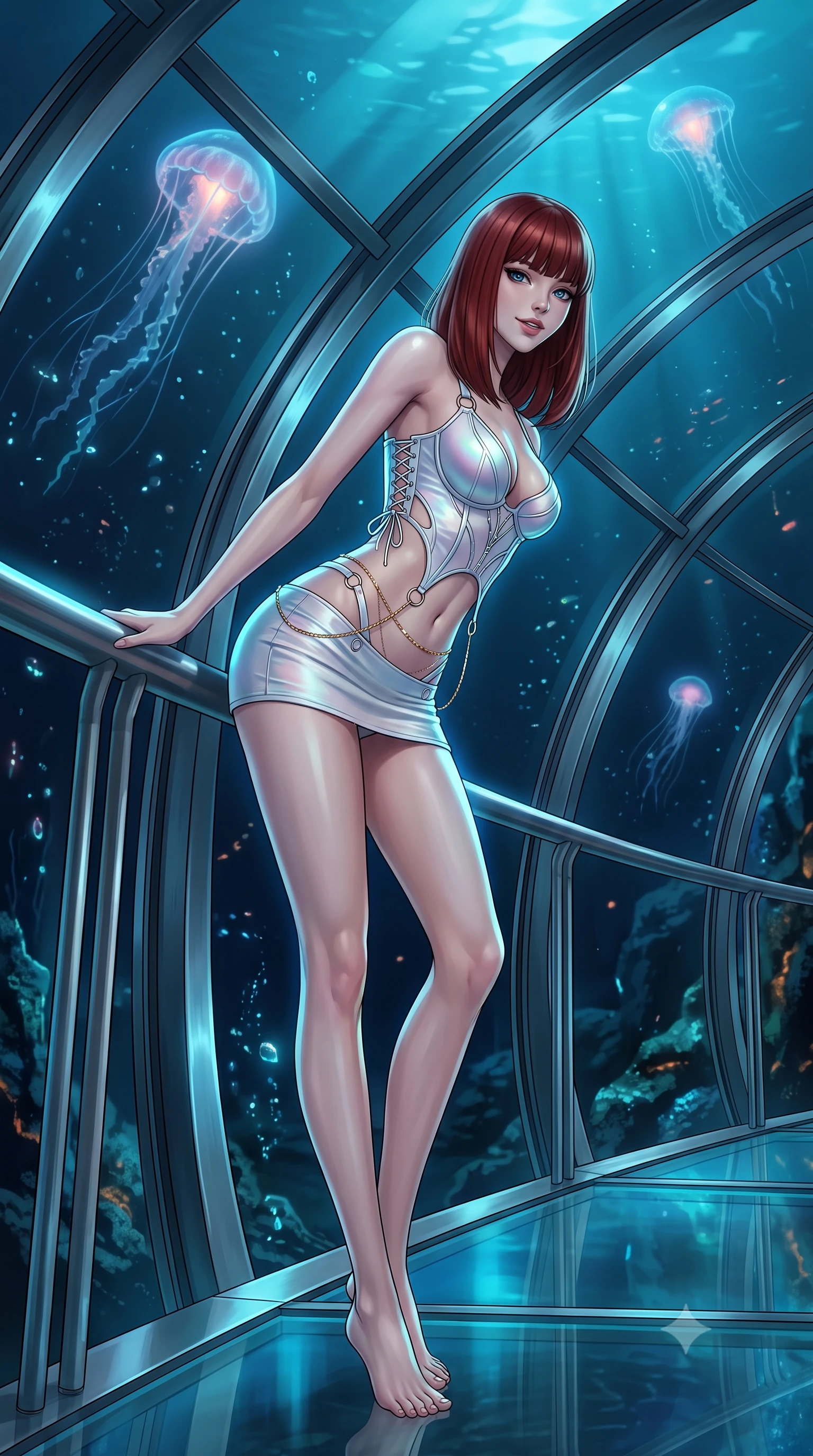 score_9, masterpiece, best quality, ultra-detailed, high-budget anime keyframe, editorial fashion photography, tasteful artistic composition, Caucasian woman. low angle full-body shot from head to toe showing her feet, filling the entire 9:16 vertical frame with her statuesque presence, stretching her vertical silhouette. leaning deep against the balcony balustrade with hips cocked back in an unapologetically alluring high-fashion stance, casting an intoxicating glance while standing poised beneath the monumental pressure-resistant glass vault at the floor of the Mariana Trench, arching her spine with mysterious siren elegance as giant siphonophores drift past. The surrounding environment is rendered in vivid detail and crisp panoramic clarity: sharp reinforced titanium arch ribs, crystal-clear thick acrylic dome segments, and mineral crusts on ocean volcanic rock in deep focus. She has an exceptionally tall and slender model-like 8.5-heads proportion, an ultra-slim waist, a flat toned midriff, narrow delicate ribcage, and beautifully sculpted feminine hips creating a graceful, slim hourglass silhouette without any bulky heaviness, with impossibly long slender legs. sharp v-shaped jawline, high-bridge nose, intricate jewel-like sparkling eyes with depth, thick eyelashes, glossy parted lips with a natural peach sheen, bright cheerful beaming smile with an enchanting and coquettish sensual glint, exuding both youthful cute charm and seductive allure, flawlessly proportioned anatomical accuracy, strict slender model proportions, natural body alignment, perfectly sculpted long slender limbs, ultra-slim waistline, clean dynamic posture without body distortion. wearing a sculpted satin cyber-corset with lace-up side ties paired with a low-rise micro skirt in holographic prismatic pearl and titanium white, adorned with delicate chrome ring hardware and cutouts along her slender waist, accented with a dainty gold belly chain resting across her flat midriff and curving hips, the impeccably tailored cut draping gracefully along her slender figure with aristocratic poise. illuminated by acrylic floor reflection bounce and sharp sapphire-cyan rim lights sculpting her razor-sharp jawline, narrow waist, and curvy hips. ultra-reflective glossy finish, specular highlights, rich textural contrasts, high-contrast stereoscopic depth, volumetric dynamic lighting, 2k, ultra detail, master piece, 9:16 ratio