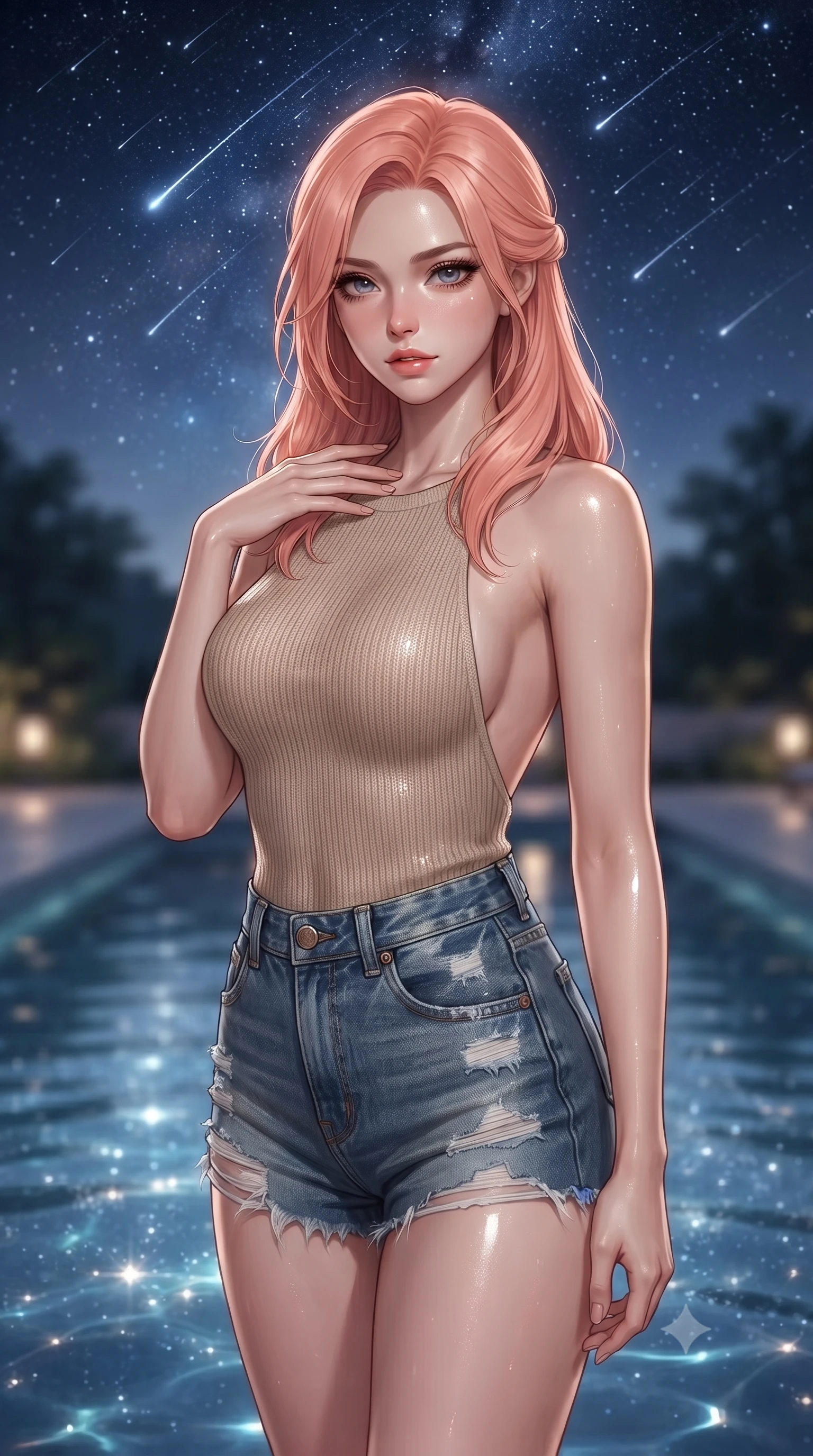 score_9, masterpiece, best quality, ultra-detailed, high-budget anime keyframe, editorial fashion photography, tasteful artistic composition, Japanese woman. close-up cowboy shot from the waist and thighs up, the character dominates the composition, filling the frame with her large presence, background elements kept in soft focus. standing with one hand resting on her collarbone, looking at the viewer with bedroom-eyes the background shows a soft-focus a serene reflection pool courtyard under a sky filled with shooting stars. She has an exceptionally elegant, slender, and willowy female figure with an ultra-slim waist, a gracefully sculpted slender torso, and a refined silhouette. sharp v-shaped jawline, high-bridge nose, intricate jewel-like eyes with depth, thick eyelashes, glossy lips with a natural sheen. wearing a body-hugging backless knit top in beige wool, paired with high-waisted denim shorts. shimmering starlight reflections mapping across her features from the water. ultra-reflective glossy finish, specular highlights, metallic sheen, high-contrast stereoscopic depth, volumetric dynamic lighting, 2k, ultra detail, master piece, 9:16 ratio