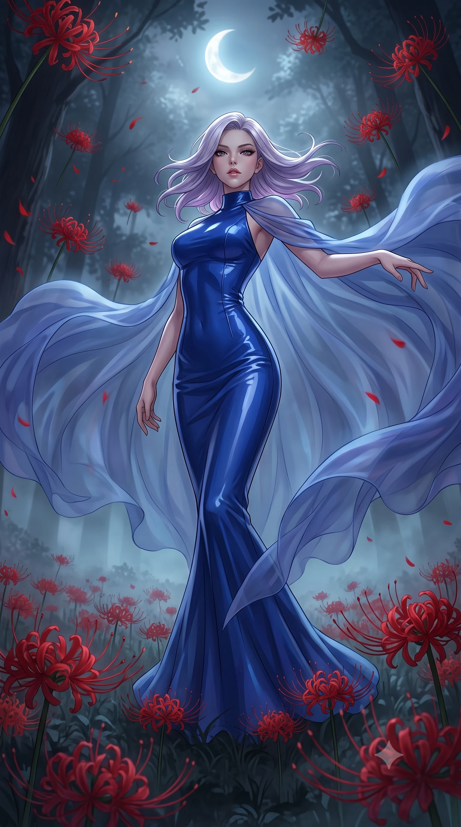 score_9, masterpiece, best quality, ultra-detailed, High-budget Anime Keyframe, Caucasian woman, strictly human ears. Low angle cowboy shot filling the entire 9:16 frame with her statuesque presence. Scenario 417: dancing amidst falling red spider lilies inside a misty dark forest under a crescent moon with red spider lilies blooming. Her presence is magnetic and overpowering in this high-budget anime scene. Outfit 417: a tailored cobalt blue patent leather gown draped with a semi-transparent chiffon cape. The clothing is designed to emphasize her exceptionally tall and slender 8-heads proportion. 8-heads proportion, towering silhouette, ultra-slim waist. sharp v-shaped jawline, intricate jewel-like eyes with depth, thick eyelashes, glossy lips. 2k, ultra detail, master piece, 9:16 ratio