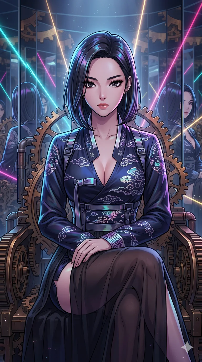 score_9, masterpiece, best quality, ultra-detailed, high-budget anime movie keyframe, cinematic anime lighting, intricate line art, Korean woman. Upper body filling screen focusing on her alluring features and slim-fit silhouette. resting on a throne of gears in a infinite mirror maze with lightning lasers. She has an absolutely perfect 8-heads proportion, an exceptionally tall and slender female figure with an ultra-slim waist and impossibly long slender legs. sharp v-shaped jawline, high-bridge nose, intricate jewel-like eyes, thick eyelashes, glossy lips. Wearing modernized deep-plunging silk hanbok-fusion with metallic straps, a high-slit sheer skirt over micro-shorts, and holographic embroidered patterns. The scene is illuminated by dramatic atmospheric lighting and vibrant color palettes. , 2k, ultra detail, master piece, 9:16 ratio