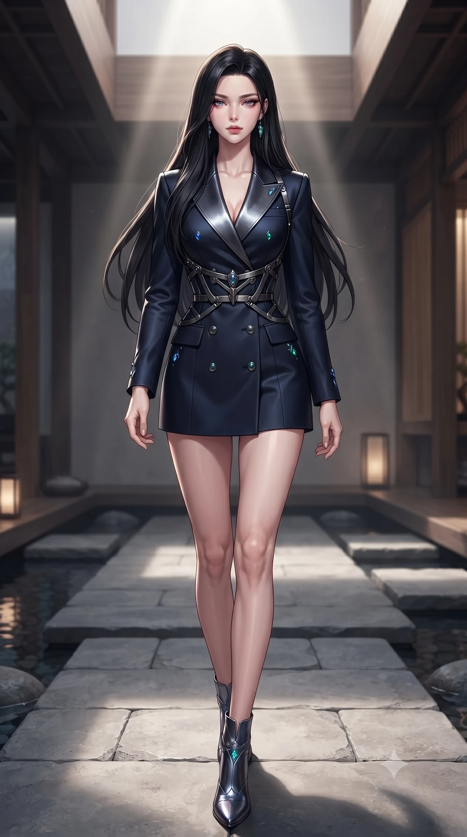 score_9, masterpiece, best quality, ultra-detailed, high-budget anime keyframe, editorial fashion photography, tasteful artistic composition, Korean woman. low angle full-body shot from head to toe showing her feet, filling the entire 9:16 vertical frame with her statuesque presence, stretching her vertical silhouette. navigating the private sanctuary with an effortless, graceful stride, looking composedly past the camera with quiet, sharp artistic focus, intellectual, superior aura with composed facial expression. She has an absolutely perfect, statuesque 8.5-heads proportion, an exceptionally tall and slender model-like female figure with impossibly long slender legs and an ultra-slim waist. sharp v-shaped jawline, high-bridge nose, intricate jewel-like eyes with depth, thick eyelashes, glossy lips with a natural sheen. wearing tailored double-breasted obsidian blazer dress with silk lapels in midnight navy blue, made of sculpted obsidian metallic chrome, highlighted by a gunmetal metallic harness structure, accentuating her gracefully sculpted slender torso. lit by crisp spotlight rays accentuating her refined physical contours. highly saturated vibrant anime colors, detailed shading with soft gradients, rich glossy textures, high-contrast stereoscopic depth, volumetric dynamic lighting, master piece, 9:16 ratio