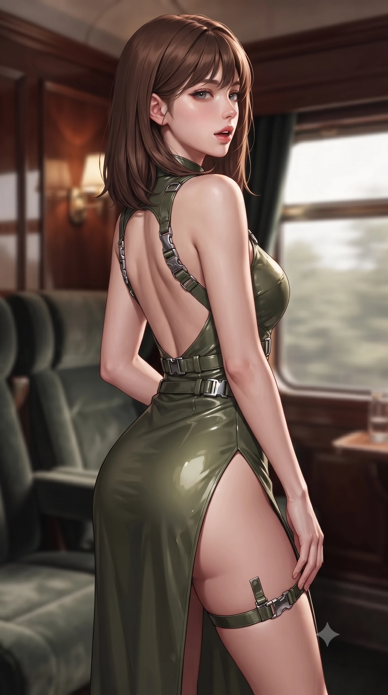 score_9, masterpiece, best quality, ultra-detailed, high-budget anime keyframe, editorial fashion photography, tasteful artistic composition, Korean woman. close-up cowboy shot from the waist and thighs up, the character dominates the composition, filling the frame with her large presence, background elements kept in soft focus. turning her face in profile to look over her shoulder, casting a smoldering side gaze with lips slightly parted, the background shows a soft-focus a private compartment on a scenic rail liner with velvet passenger seats. She has an exceptionally elegant, slender, and willowy female figure with an ultra-slim waist, a gracefully sculpted slender torso, and a refined silhouette. sharp v-shaped jawline, high-bridge nose, intricate jewel-like eyes with depth, thick eyelashes, glossy lips with a natural sheen. wearing a body-hugging dramatic open-back maxi combat dress in olive green, featuring a high thigh slit and chrome straps. soft spotlighting highlighting the detailed fabrics and textures of her gear. ultra-reflective glossy finish, specular highlights, metallic sheen, high-contrast stereoscopic depth, volumetric dynamic lighting, 2k, ultra detail, master piece, 9:16 ratio