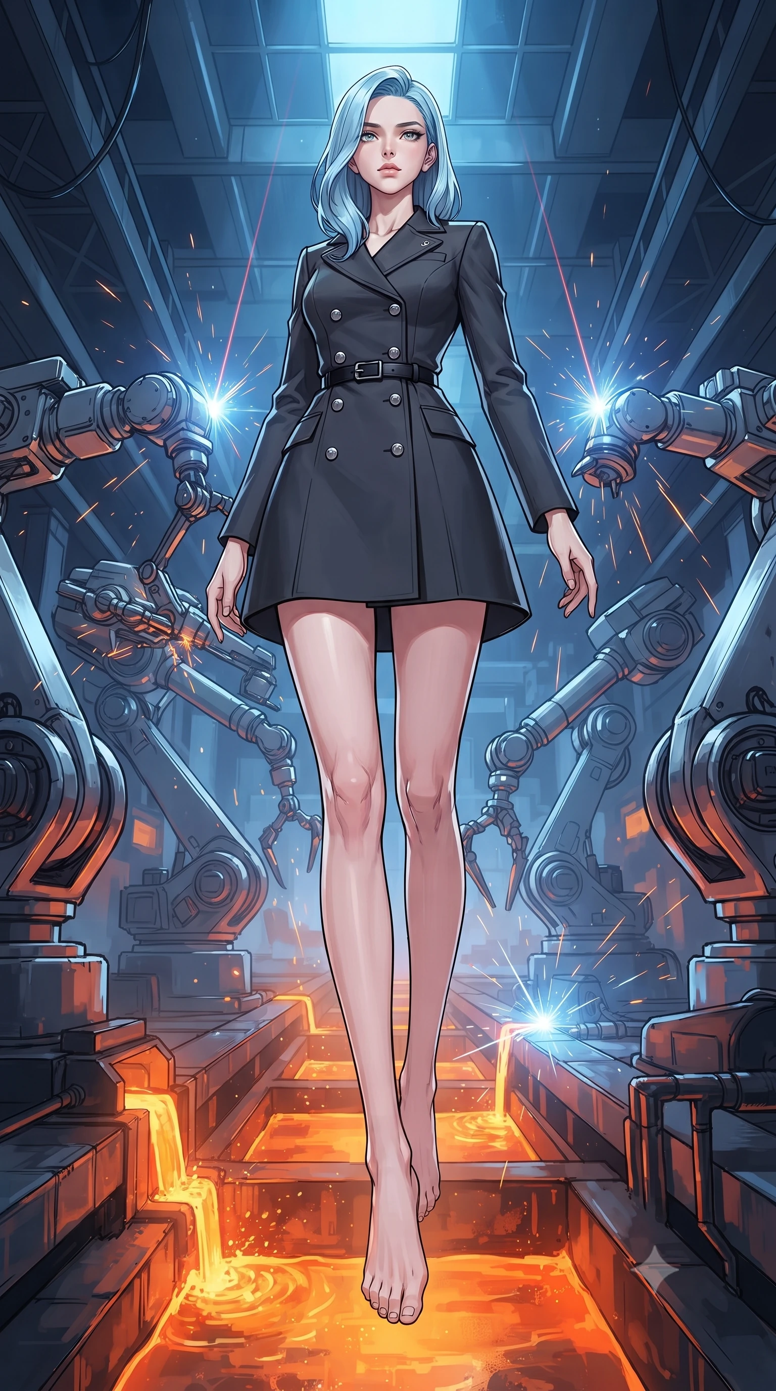 score_9, masterpiece, best quality, ultra-detailed, high-budget anime keyframe, gorgeous anime illustration, with clean line-art, distinct ink outlines, and high-contrast stereoscopic depth, Korean woman. low angle full-body shot from head to toe showing her feet, filling the entire 9:16 vertical frame with her statuesque presence, stretching her vertical silhouette. floating with ethereal lightness within inside an automated factory with giant robotic arms assembling chrome drones, glowing orange liquid metal flowing in channels below and sparks flying from welding lasers. She has a statuesque 8.5-heads proportion, an exceptionally tall, slender and willowy model-like build with impossibly long legs and a highly sculpted ultra-slim waist. sharp v-shaped jawline, high-bridge nose, intricate jewel-like eyes with depth, thick eyelashes, glossy lips with a natural sheen. wearing a double-breasted charcoal coat dress with silver buttons, styled with a slim black leather belt. intense orange glow from the liquid metal from below, contrasted with sharp white laser flashes and cool blue factory lighting. 2k, ultra detail, master piece, 9:16 ratio, highly saturated vibrant anime colors, detailed cel-shading with soft gradients, rich glossy textures, deep contrast, volumetric dynamic lighting, 2d animation style