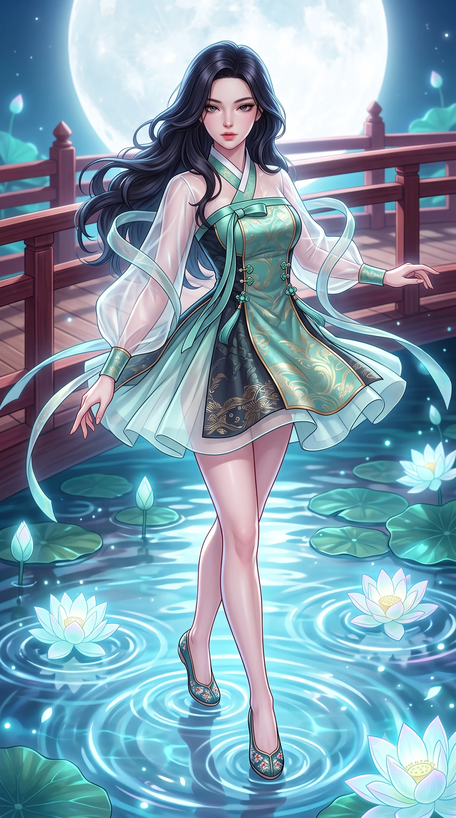score_9, masterpiece, best quality, ultra-detailed, high-budget anime keyframe, semi-realistic 3D game render, editorial fashion photography, tasteful artistic composition, Korean woman. low angle full-body shot from head to toe showing her feet, filling the entire 9:16 vertical frame with her statuesque presence, stretching her vertical silhouette. executing an elegant mid-motion spin with effortless grace, her garments fluttering softly around her ultra-slim waistline while dipping her fingertips playfully into the crystal pond, sending luminescent ripple rings spreading through the water. The surrounding environment is rendered in vivid detail and crisp panoramic clarity. sharp lacquered wooden bridge railings, glowing lotus blossom veins, and water ripple caustics in deep focus. She has an absolutely perfect, statuesque 8.5-heads proportion, an exceptionally tall and slender model-like female figure with impossibly long slender legs, a toned flat midriff, and an ultra-slim waist. sharp v-shaped jawline, high-bridge nose, intricate jewel-like eyes with depth, thick eyelashes, glossy lips with a natural sheen, captivating and magnetic expression, flawlessly proportioned anatomical accuracy, strict slender model proportions, natural body alignment, perfectly sculpted long slender limbs, ultra-slim waistline, clean dynamic posture without body distortion. wearing a modern fusion silk hanbok dress with sheer organza butterfly sleeves and a structured mother-of-pearl bodice in jade green and dark obsidian, woven from lightweight fluid silk brocade with woven gold thread, finished with genuine jade button closures and floating celestial silk ribbons, the sleek tailored cut tightly hugging her graceful clavicle, narrow waist, and feminine curves with statuesque precision. bathed in radiant silver-white full moon backlighting and soft cyan holographic lotus glow. highly saturated vibrant anime colors, detailed shading with soft gradients, rich glossy textures, high-contrast stereoscopic depth, volumetric dynamic lighting, master piece, 9:16 ratio