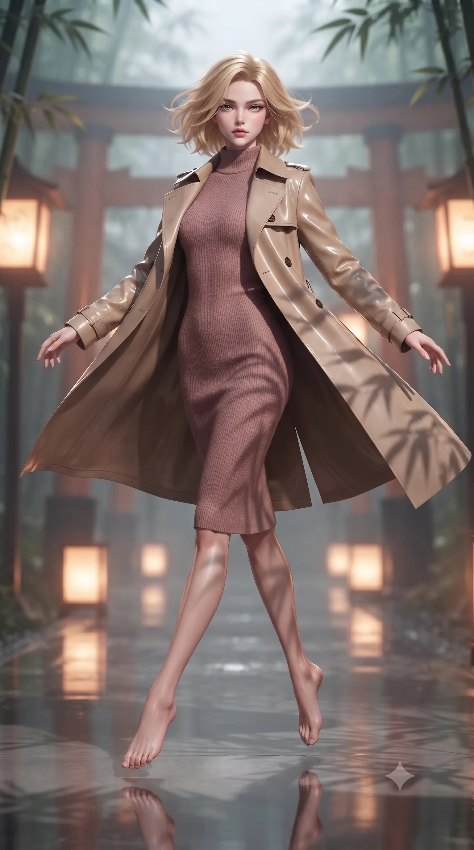 score_9, masterpiece, best quality, ultra-detailed, high-budget anime keyframe, editorial fashion photography, tasteful artistic composition, Caucasian woman woman. low angle full-body shot from head to toe showing her feet, filling the entire 9:16 vertical frame with her statuesque presence, stretching her vertical silhouette. She has an absolutely perfect, statuesque 8.5-heads proportion, an exceptionally tall and slender model-like female figure with impossibly long slender legs and an ultra-slim waist. mid-air spin above the reflective floor, maintaining an athletic and perfectly balanced poise, flawlessly proportioned anatomical accuracy, natural body alignment, perfectly sculpted elegant limbs, clean dynamic posture without body distortion. set against a soft-focus background of a misty bamboo torii shrine path with glowing paper lanterns. wearing a classic tailored trench coat over a high-neck dusty rose knit midi dress. bathed in warm amber lantern light casting soft organic bamboo leaf stencil shadows. ultra-reflective glossy finish, specular highlights, metallic sheen, high-contrast stereoscopic depth, volumetric dynamic lighting, 2k, ultra detail, master piece, 9:16 ratio