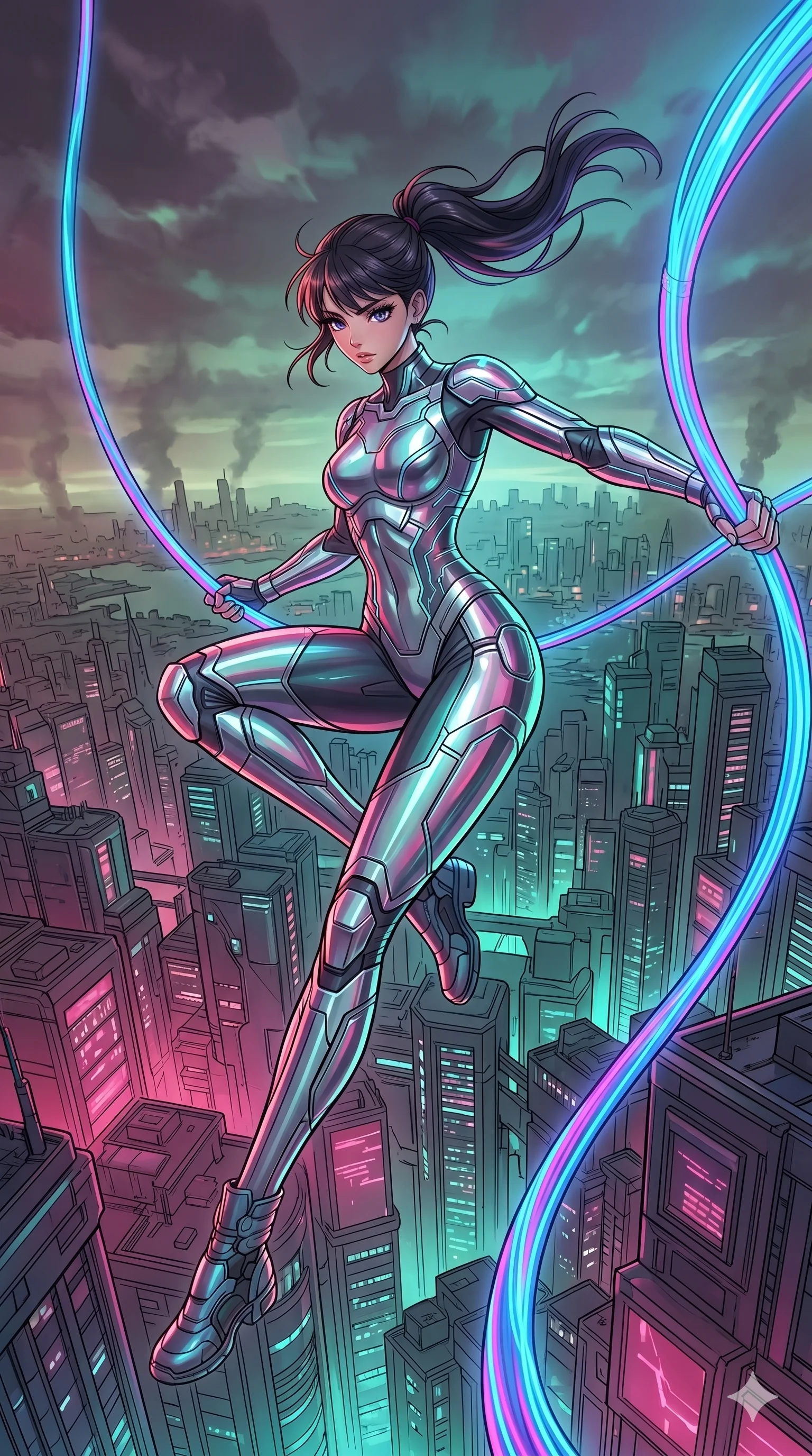score_9, masterpiece, best quality, ultra-detailed, high-budget anime movie keyframe, cinematic anime lighting, intricate line art, Caucasian (strictly human ears) woman. Low angle cowboy shot capturing a powerful motion and statuesque presence. swinging from a neon cable high above a sprawling mega-city. She has an graceful and slender female figure with elegant proportions. strictly human anatomy, two legs only, no extra limbs, clearly defined legs and arms, well-defined anatomy, perfect hands and fingers. sharp v-shaped jawline, high-bridge nose, intricate jewel-like eyes, thick eyelashes, glossy lips. Wearing Cyber-Tech Legacy: Futuristic tech-outfit with sleek panels and a chrome-plated aesthetic. The scene is illuminated by dramatic atmospheric lighting and vibrant color palettes. , 2k, ultra detail, master piece, 9:16 ratio