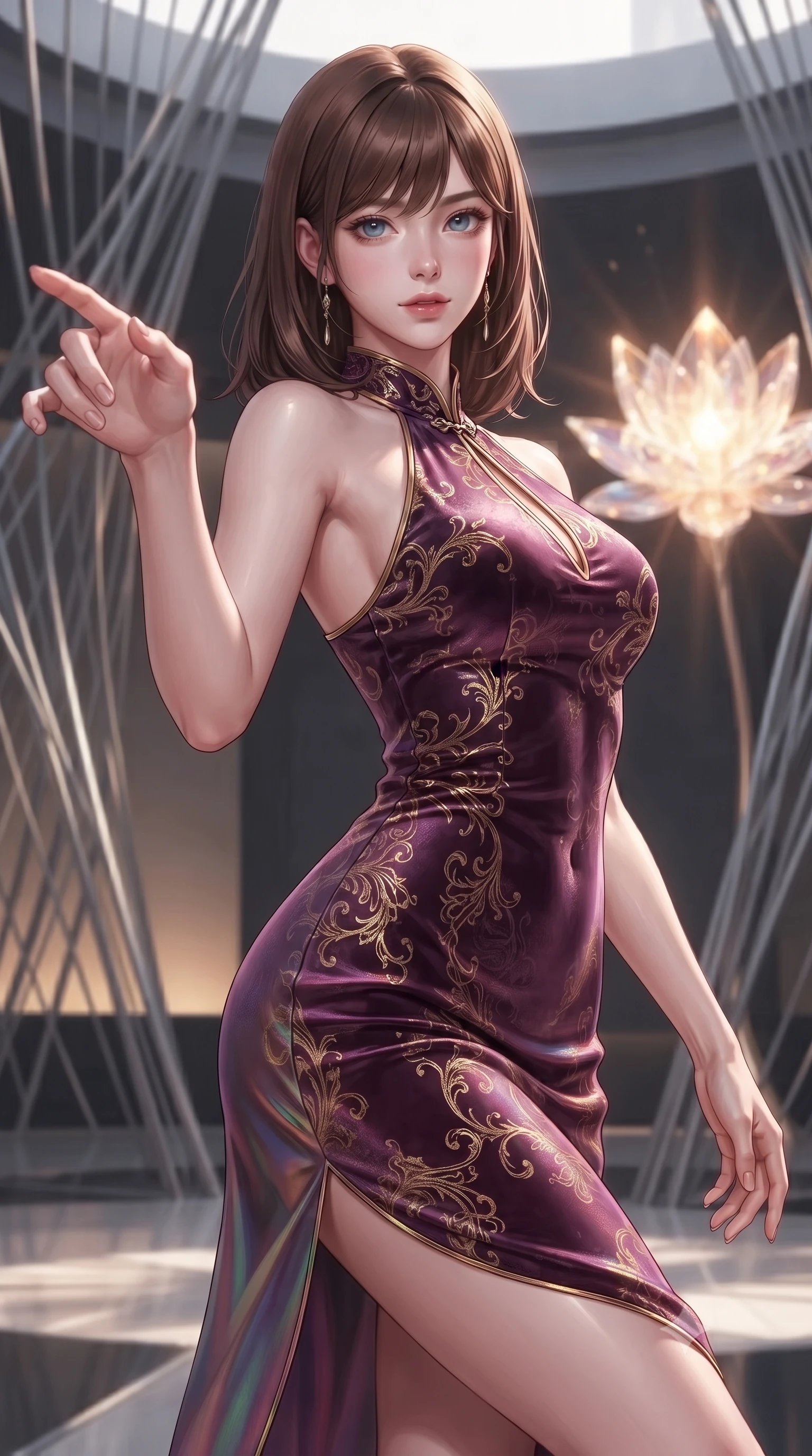 score_9, masterpiece, best quality, ultra-detailed, high-budget anime keyframe, editorial fashion photography, tasteful artistic composition, Korean woman. close-up cowboy shot from the waist and thighs up, the character dominates the composition, filling the frame with her large presence, background elements kept in soft focus. Reaching her hand gracefully toward the camera with magnetic allure, her torso turning in a dynamic S-curve alignment while pivoting dynamically near a solar-powered crystal blossom emitting warm ambient sunbursts, sleek platinum wire lattices creating clean architectural line frames. She has an exceptionally elegant, slender, and willowy female figure with an ultra-slim waist, a gracefully sculpted slender torso, and a refined silhouette. sharp v-shaped jawline, high-bridge nose, intricate jewel-like eyes with depth, thick eyelashes, glossy lips with a natural sheen, flawlessly proportioned anatomical accuracy, natural body alignment, perfectly sculpted elegant limbs, clean dynamic posture without body distortion. wearing a velvet halter-neck midi dress following her form like a glove in plum purple and gold filigree, crafted from iridescent chiffon that shifts colors in the light, accented with a Tasteful chest slit framing her clavicle gracefully, the glove-like fit emphasizing her statuesque silhouette during motion. surrounded by a bright, airy ambiance with radiant white and green highlights. ultra-reflective glossy finish, specular highlights, metallic sheen, high-contrast stereoscopic depth, volumetric dynamic lighting, 2k, ultra detail, master piece, 9:16 ratio