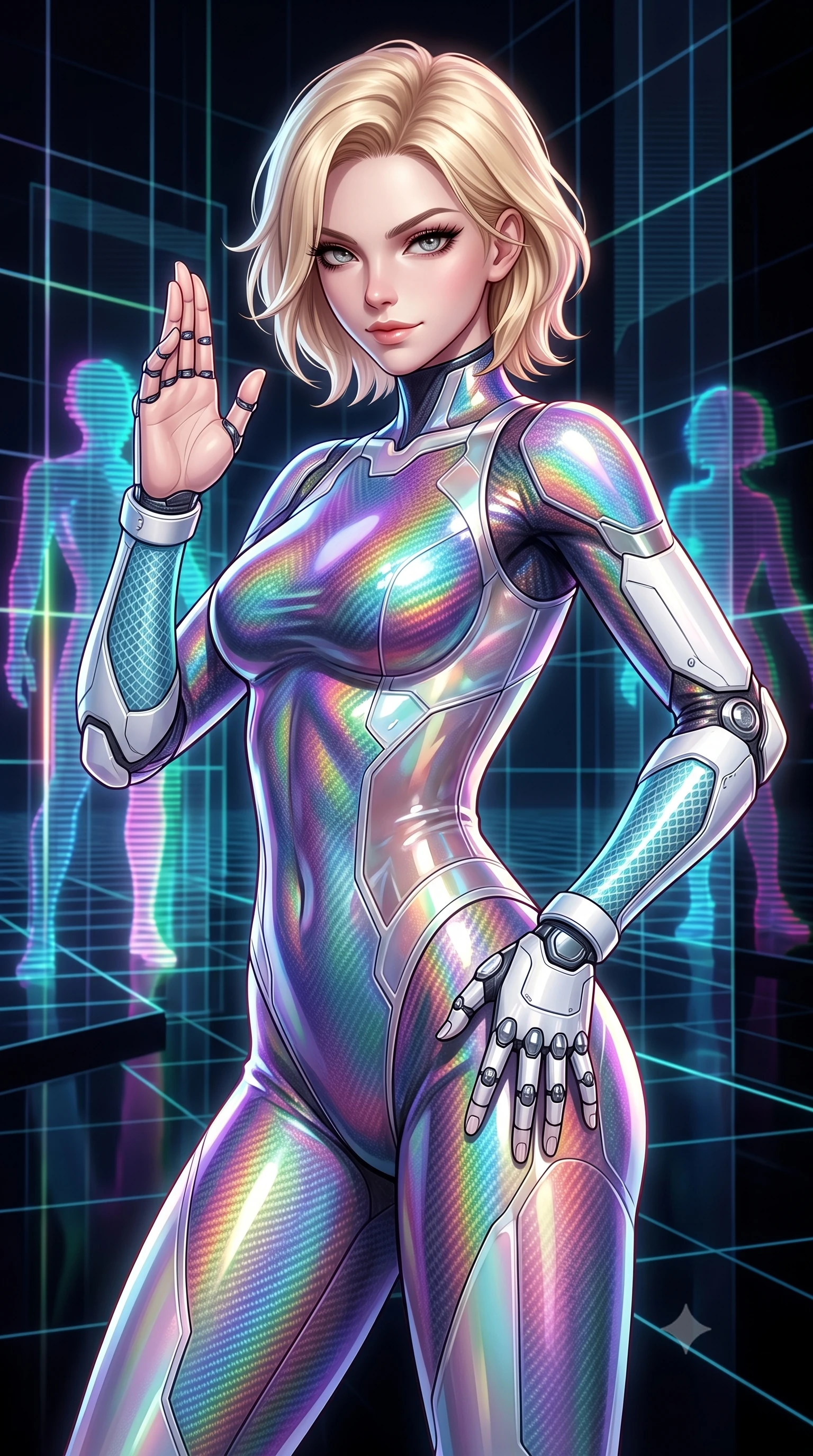score_9, masterpiece, best quality, ultra-detailed, high-budget anime keyframe, semi-realistic 3D game render, editorial fashion photography, tasteful artistic composition, Caucasian woman. close-up cowboy shot from the waist and thighs up, the character dominates the composition, filling the frame with her large presence. resting one hand in a defensive deflective posture while glancing over her shoulder with thick eyelashes and a confident, smoldering combat half-smile while resting one hand along her slender hip while gazing into the lens with an omniscient, dangerous martial smolder. The surrounding environment is rendered in vivid detail and crisp panoramic clarity. razor-sharp quantum grid line geometries, distinct holographic after-image silhouettes, and black glass in deep focus. She has an exceptionally elegant, slender, and willowy female figure with an ultra-slim waist, a gracefully sculpted slender torso, toned flat midriff, and a refined slim silhouette. sharp v-shaped jawline, high-bridge nose, intricate jewel-like eyes with depth, thick eyelashes, glossy lips with a natural sheen, flawlessly proportioned anatomical accuracy, strict slender model proportions, natural body alignment, perfectly sculpted long slender limbs, ultra-slim waistline, clean dynamic posture without body distortion. wearing a high-gloss iridescent rainbow carbon-weave bodysuit with translucent cybernetic panels and Damascus-steel forearm bracers in glacial ice-cyan carbon mesh with pure white armor plates, crafted from ultra-strong woven carbon-fiber composite with a satin luster, detailed with magnetic knuckle shock-absorbers and polished chrome articulation joints, the sleek second-skin cut tightly hugging her graceful clavicle, narrow waist, and feminine curves with athletic precision. illuminated by sharp specular highlights tracing her ultra-slim waist, long legs, and sculpted collarbones. rich saturated anime colors with glowing neon highlights, detailed shading with soft gradients, rich glossy textures, high-contrast stereoscopic depth, volumetric dynamic lighting, master piece, 9:16 ratio