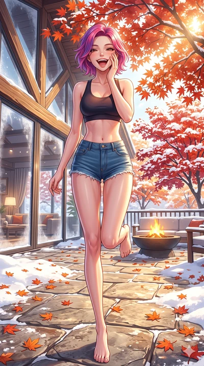 score_9, masterpiece, best quality, ultra-detailed, high-budget anime keyframe, vibrant anime aesthetic, Caucasian woman, strictly human ears. low angle full-body shot from head to toe showing her feet, filling the entire 9:16 vertical frame with her