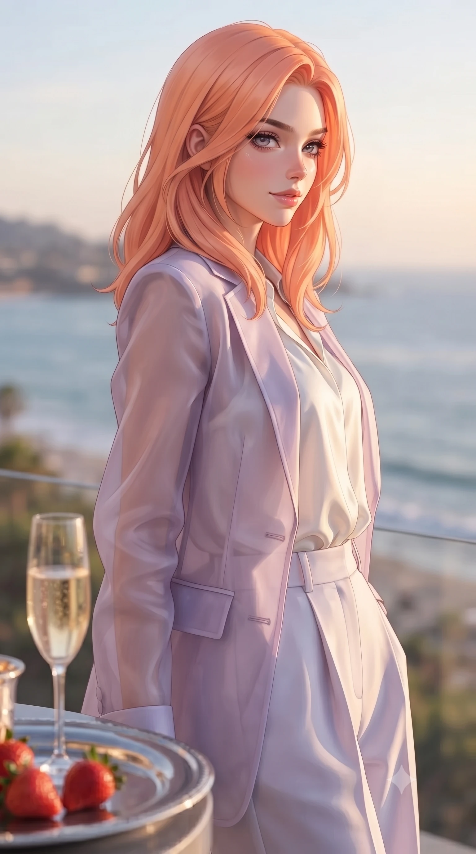 score_9, masterpiece, best quality, ultra-detailed, high-budget anime keyframe, editorial fashion photography, tasteful artistic composition, Japanese woman. close-up cowboy shot from the waist and thighs up, the character dominates the composition, filling the frame with her large presence, background elements kept in soft focus. glancing sidelong over her shoulder with an intoxicating, lingering stare and a subtle, knowing smile set against a soft-focus background of inside an exclusive oceanfront balcony with a crystal glass of sparkling champagne and fresh strawberries on a silver tray. She has an exceptionally elegant, slender, and willowy female figure with an ultra-slim waist, a gracefully sculpted slender torso, and a refined silhouette. sharp v-shaped jawline, high-bridge nose, intricate jewel-like eyes with depth, thick eyelashes, glossy lips with a natural sheen. wearing tailored pale lavender sheer organza tailored casual blazer paired with a loose tee and wide-leg trousers featuring refined tailored seams. accented by a single dramatic key light highlighting her statuesque posture and slim waist. ultra-reflective glossy finish, specular highlights, metallic sheen, high-contrast stereoscopic depth, volumetric dynamic lighting, 2k, ultra detail, master piece, 9:16 ratio