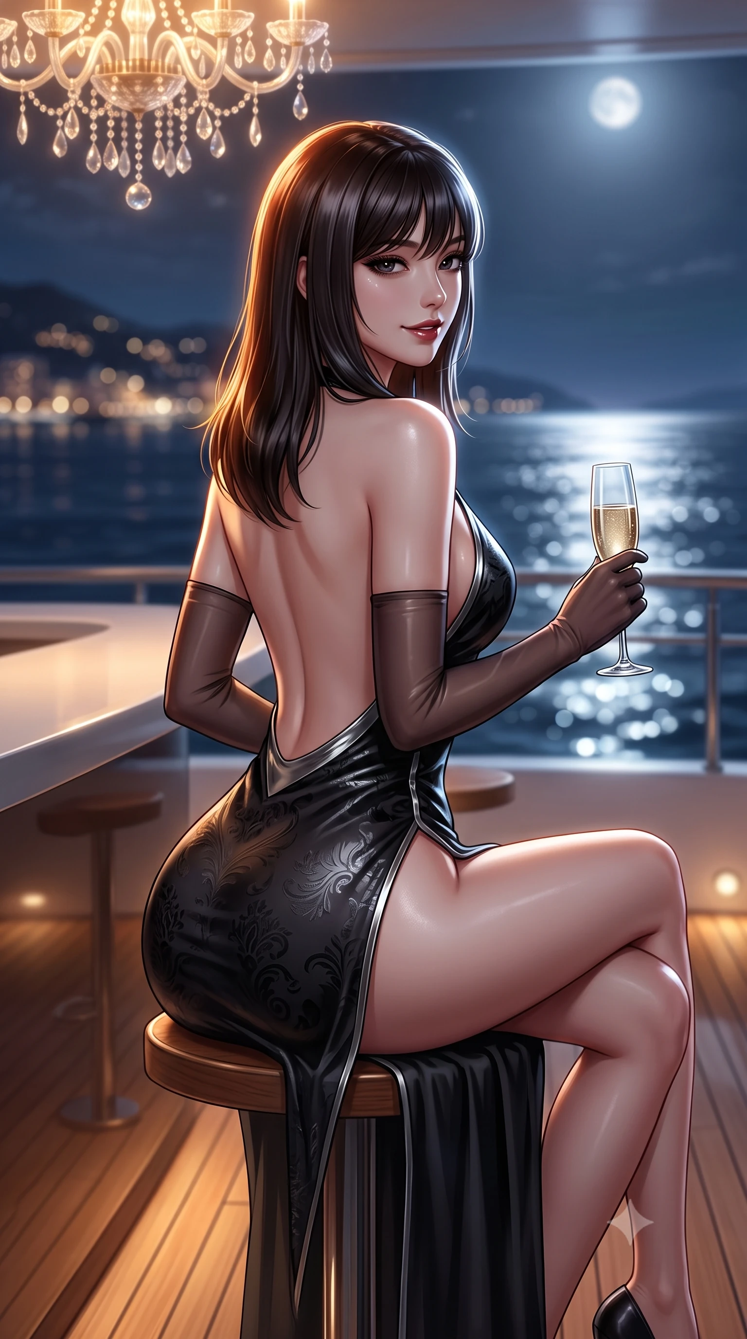 score_9, masterpiece, best quality, ultra-detailed, high-budget anime keyframe, editorial fashion photography, tasteful artistic composition, Korean woman. close-up cowboy shot from the waist and thighs up, the character dominates the composition, filling the frame with her large presence. turning slowly with a smoldering smile, her glossy dark hair catching the amber chandelier rim light as her hips angle gracefully in a captivating contrapposto while sitting on a high teak stool at the yacht's outdoor bar, holding a champagne flute while flashing a radiant, dangerous smoldering smile. The composition keeps background elements in soft focus with dreamy creamy bokeh. glittering distant lights of the Monaco harbor coastline and silver moonlight rippling across the dark sea blurred into diamond, sapphire, and champagne bokeh. She has an exceptionally elegant, slender, and willowy female figure with an ultra-slim waist, flat toned midriff, narrow ribcage, and sculpted feminine hips creating an alluring, slim hourglass silhouette without bulk. sharp v-shaped jawline, high-bridge nose, intricate jewel-like dark sparkling eyes with dangerous depth, thick curled eyelashes, glossy parted lips with a rich wine sheen, smoldering seductive half-smile with bedroom-eyes, exuding effortless superiority and intoxicating dark allure, flawlessly proportioned anatomical accuracy, strict slender model proportions, natural body alignment, perfectly sculpted long slender limbs, ultra-slim waistline, clean dynamic posture without body distortion. wearing a backless liquid jet-black halter slip dress with a thigh-high side slit ascending to the high hip in metallic liquid silver and pitch black, tailored from rich silk jacquard with subtle embossed baroque patterns, complemented by sheer dark opera gloves reaching past her elbows, the glove-like silhouette tightly following the natural contour of her hips and long slender legs with youthful 8.5-heads elegance. bathed in cold silver moonlight from above and warm low-level teak deck LED wash. ultra-reflective glossy finish, specular highlights, rich textural contrasts, high-contrast stereoscopic depth, volumetric dynamic lighting, 2k, ultra detail, master piece, 9:16 ratio