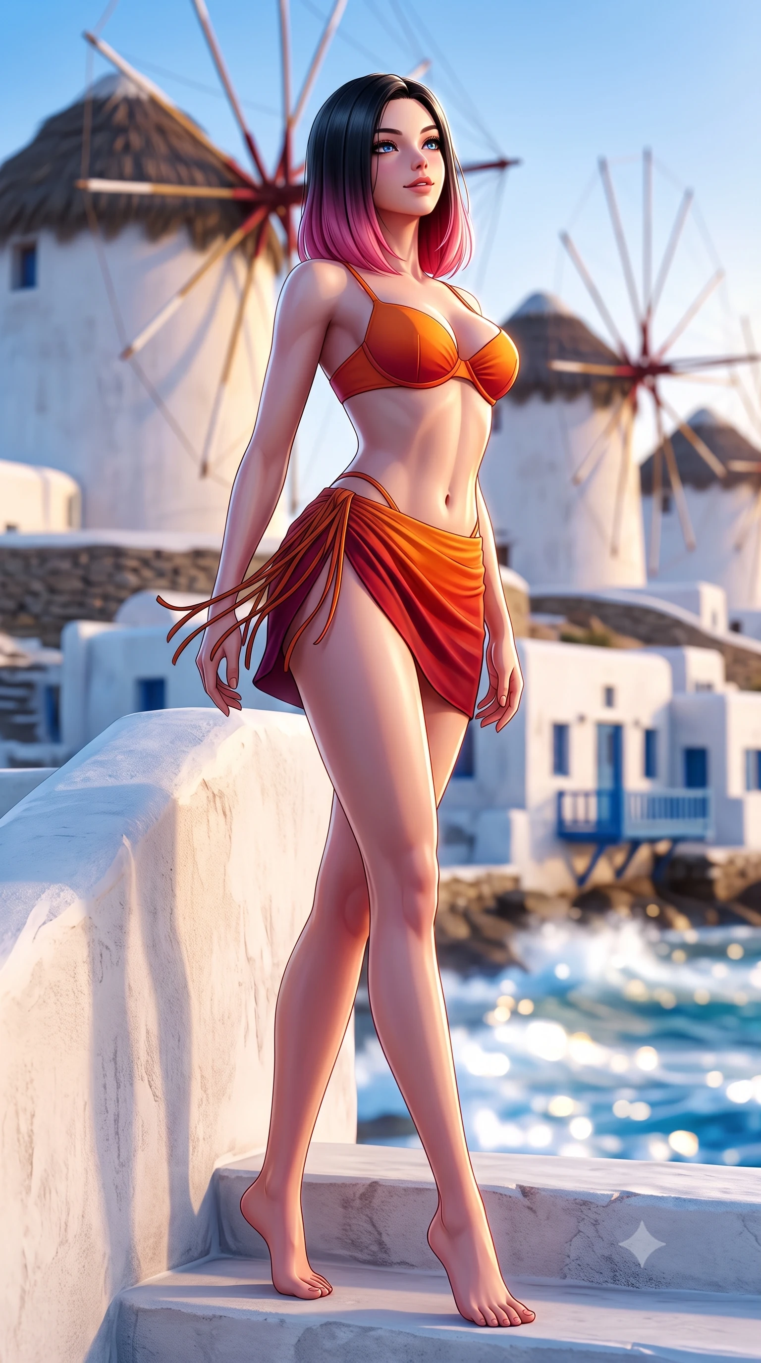 score_9, masterpiece, best quality, ultra-detailed, high-budget anime keyframe, semi-realistic 3D game render, editorial fashion photography, tasteful artistic composition, Korean woman. low angle full-body shot from head to toe showing her feet, filling the entire 9:16 vertical frame with her statuesque presence, stretching her vertical silhouette. sitting poised on the stone steps with one knee bent, arching her spine with supermodel elegance as she glances upward through thick eyelashes while standing tall on the whitewashed boardwalk beside the historic windmills, arching her spine with effortless Aegean supermodel grace. The background shows a soft-focus iconic thatched-roof whitewashed windmills, Little Venice cliff houses, and sapphire waves blurred into pure white, cobalt, and gold bokeh. She has an absolutely perfect, statuesque 8.5-heads proportion, an exceptionally tall and slender model-like female figure with impossibly long slender legs, an ultra-slim waist, a flat toned midriff, narrow delicate ribcage, and beautifully sculpted feminine hips creating a graceful, slim hourglass silhouette without any bulky heaviness. sharp v-shaped jawline, high-bridge nose, sparkling eyes with hypnotic seductive depth, thick curled eyelashes, glossy parted lips with a natural dewy peach sheen, alluring bedroom-eyes with an enchanting coquettish smile, exuding magnetic siren charisma and sophisticated glamour, flawlessly proportioned anatomical accuracy, strict slender model proportions, natural body alignment, perfectly sculpted long slender limbs, ultra-slim waistline, clean dynamic posture without body distortion. wearing a structured underwire bikini bustier top paired with an ultra-short draped sarong wrap mini skirt in blazing desert sunset orange and deep canyon crimson, crafted from smooth liquid-tight stretch jersey emphasizing every curve of her body, finished with a delicate leather fringe trim fluttering along her hip line with kinetic charm, the precision-cut side openings and low-back scoop framing her graceful spine and the sensual sweep of her slim, toned hips. illuminated by Aegean water reflection fill and sharp platinum rim lights sculpting her delicate clavicles, narrow waist, and curvy hips. highly saturated vibrant anime colors, detailed shading with soft gradients, rich glossy textures, high-contrast stereoscopic depth, volumetric dynamic lighting, master piece, 9:16 ratio