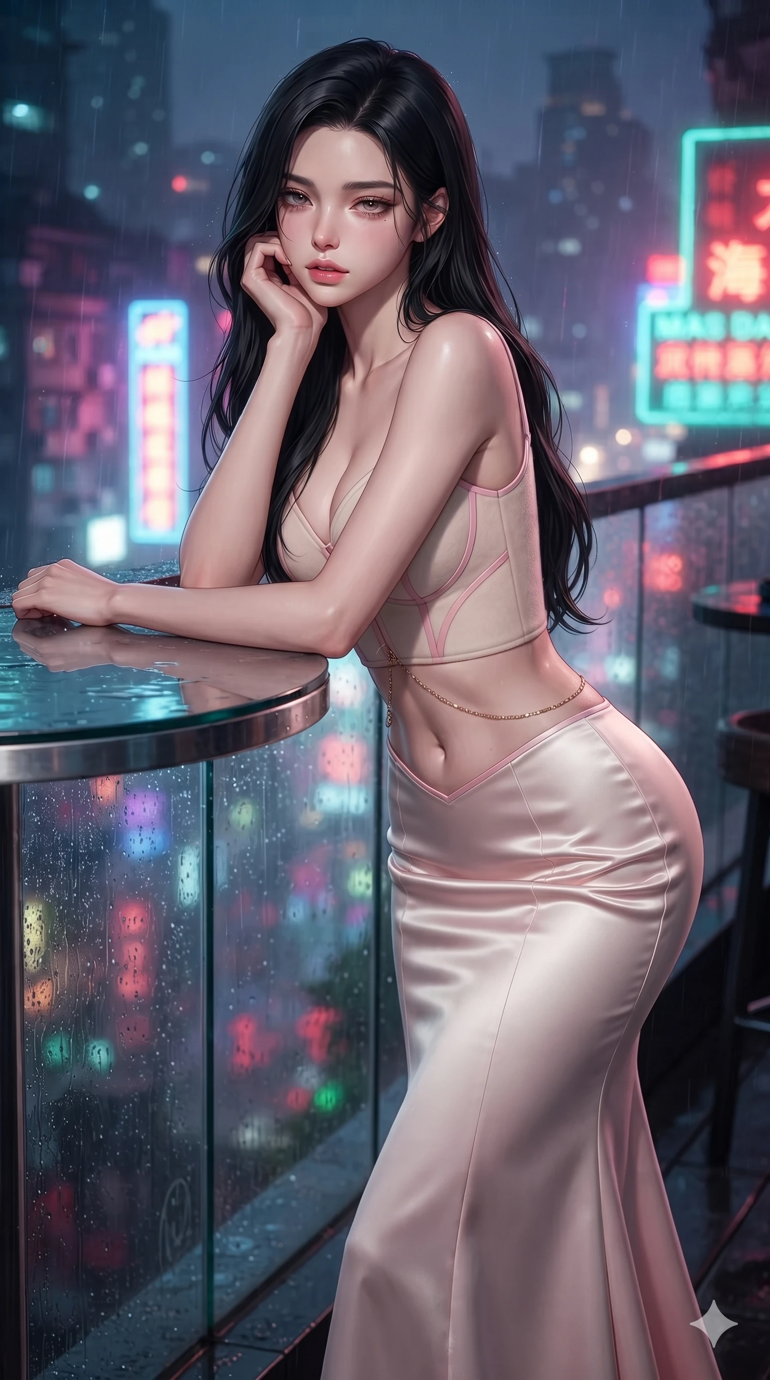 score_9, masterpiece, best quality, ultra-detailed, high-budget anime keyframe, editorial fashion photography, tasteful artistic composition, Korean woman. close-up cowboy shot from the waist and thighs up, the character dominates the composition, filling the frame with her large presence. resting one elbow on the table and supporting her chin, leaning close to the camera with heavy-lidded sparkling eyes and parted lips while standing tall and poised against the wet glass railing, arching her lower back with sovereign supermodel grace as rain mist catches the neon glow. The background shows a soft-focus rain-slicked urban night atmosphere softened in Shanghai rooftop balcony shallow focus. She has an exceptionally elegant, slender, and willowy female figure with an ultra-slim waist, flat toned midriff, narrow ribcage, and sculpted feminine hips creating an alluring, slim hourglass silhouette without bulk. sharp v-shaped jawline, high-bridge nose, intricate jewel-like sparkling eyes with depth, thick eyelashes, glossy parted lips with a natural sheen, intensely captivating and seductive bedroom-eyes expression, exuding both youthful cute charm and sovereign luxury allure, flawlessly proportioned anatomical accuracy, strict slender model proportions, natural body alignment, perfectly sculpted long slender limbs, ultra-slim waistline, clean dynamic posture without body distortion. wearing a sculpted liquid-satin mermaid gown tailored with contouring seams that adhere flawlessly over her curves in sakura blossom pink and warm ivory, crafted from bespoke double-faced cashmere with an exceptionally soft tactile finish, accented with a dainty gold belly chain resting across her flat midriff and curving hips, the bespoke structured tailoring following the natural line of her 8.5-heads silhouette with refined elegance. bathed in the intense, high-saturation glow of multi-colored neon signage reflecting off wet surfaces. ultra-reflective glossy finish, specular highlights, rich textural contrasts, high-contrast stereoscopic depth, volumetric dynamic lighting, 2k, ultra detail, master piece, 9:16 ratio