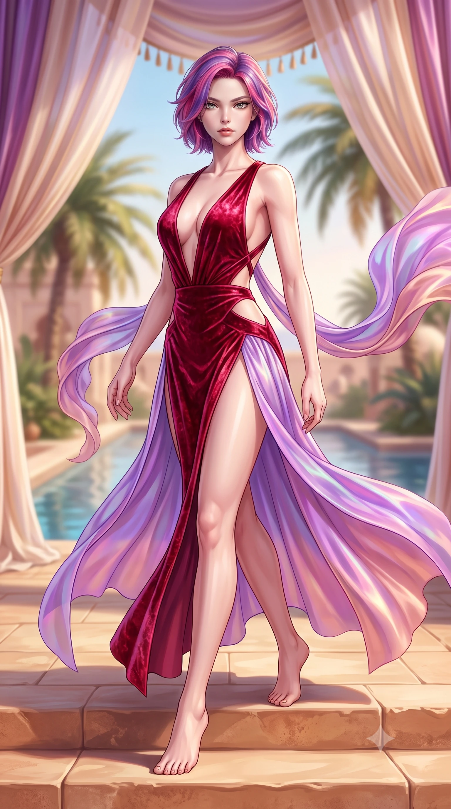 score_9, masterpiece, best quality, ultra-detailed, high-budget anime keyframe, semi-realistic 3D game render, editorial fashion photography, tasteful artistic composition, Caucasian woman. low angle full-body shot from head to toe showing her feet, filling the entire 9:16 vertical frame with her statuesque presence, stretching her vertical silhouette. striding forward in a proud, statuesque motion with a dangerous smolder, her vertical silhouette dominating the frame from head to toe while pivoting dynamically on warm sandstone terrace steps as sheer silk drapes billow around her in the warm breeze. The composition keeps background elements in soft focus with creamy bokeh. luxurious silk canopy drapes and reflecting oasis waters softened in dreamy shallow focus. She has an absolutely perfect, statuesque 8.5-heads proportion, an exceptionally tall and slender model-like female figure with impossibly long slender legs, a toned flat midriff, and an ultra-slim waist. sharp v-shaped jawline, high-bridge nose, intricate jewel-like eyes with depth, thick eyelashes, glossy lips with a natural sheen, flawlessly proportioned anatomical accuracy, strict slender model proportions, natural body alignment, perfectly sculpted long slender limbs, ultra-slim waistline, clean dynamic posture without body distortion. wearing a backless crimson crushed velvet gown with a deep plunging V-neckline, strategic hip cutouts, and an ultra-high thigh slit in luminous lavender violet and rose gold, made of smooth iridescent silk chiffon that shifts colors with movement, complemented by criss-cross back straps highlighting her completely bare spine, the sleek second-skin cut tightly hugging her graceful clavicle, narrow waist, and feminine curves with athletic precision. surrounded by an exotic, romantic, and intensely magnetic royal oasis luxury aura. highly saturated vibrant anime colors, detailed shading with soft gradients, rich glossy textures, high-contrast stereoscopic depth, volumetric dynamic lighting, master piece, 9:16 ratio