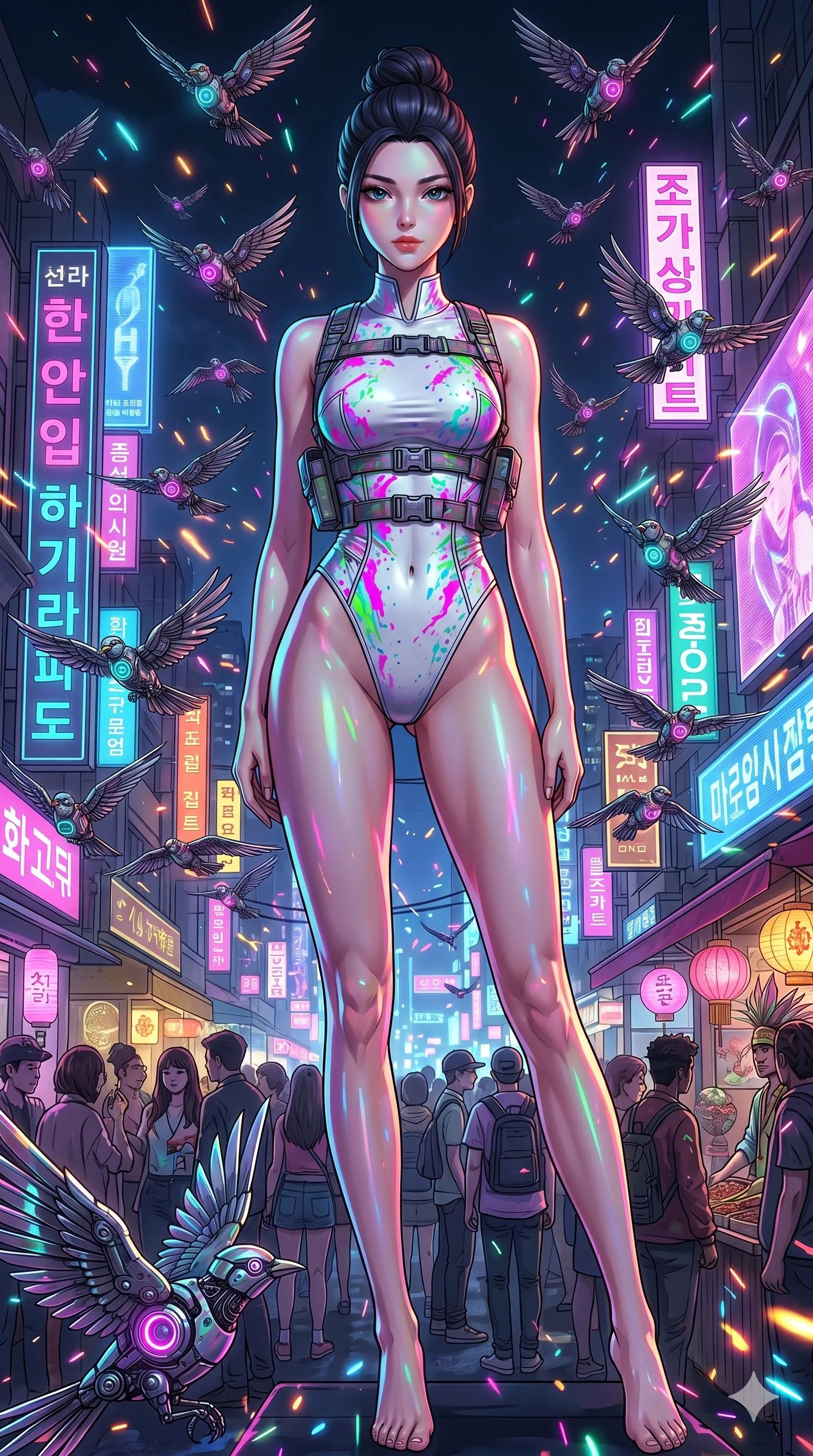 score_9, masterpiece, best quality, ultra-detailed, Set A: High-budget Anime Keyframe, Korean woman. Low angle cowboy shot filling the entire 9:16 frame with her statuesque presence. Standing victoriously through a futuristic night market, surrounded by a whirlwind of 272 mechanical birds and surrounded by glowing energy sparks. She has an absolutely perfect 8-heads proportion, an exceptionally tall and slender female figure with impossibly long slender legs and an ultra-slim waist. Sharp v-shaped jawline, high-bridge nose, intricate jewel-like eyes with depth, thick eyelashes, glossy lips with a natural sheen. Wearing Neon-splattered white leather suit with high-cut legs and tactical harness. Cinematic lighting, vibrant colors, dramatic shadows, 2k, ultra detail, master piece, 9:16 ratio