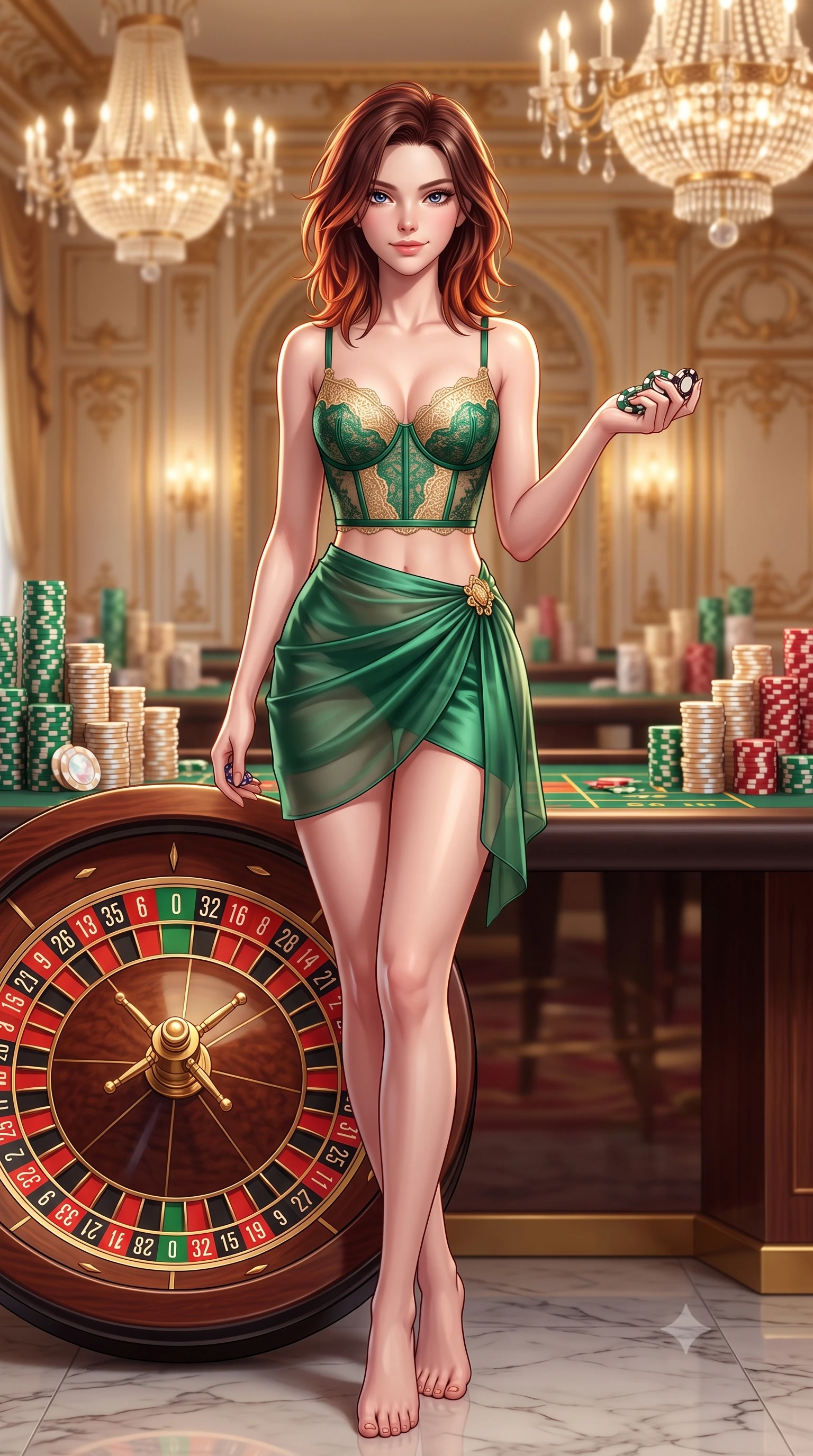score_9, masterpiece, best quality, ultra-detailed, high-budget anime keyframe, semi-realistic 3D game render, editorial fashion photography, tasteful artistic composition, Korean woman. low angle full-body shot from head to toe showing her feet, filling the entire 9:16 vertical frame with her statuesque presence, stretching her vertical silhouette. lounging on the lavish daybed with legs crossed and hips angled toward the camera, displaying her toned midriff and long slender limbs with effortless siren poise while standing poised beside the high-stakes roulette wheel with hips cocked back, holding casino chips while casting an intoxicating seductive smile. The background shows a soft-focus gilded French rococo wall moldings, massive Bohemian crystal chandeliers, and stacks of mother-of-pearl casino plaques blurred into emerald, champagne-gold, and ruby bokeh. She has an absolutely perfect, statuesque 8.5-heads proportion, an exceptionally tall and slender model-like female figure with impossibly long slender legs, an ultra-slim waist, a flat toned midriff, narrow delicate ribcage, and beautifully sculpted feminine hips creating a graceful, slim hourglass silhouette without any bulky heaviness. sharp v-shaped jawline, high-bridge nose, sparkling eyes with hypnotic seductive depth, thick curled eyelashes, glossy parted lips with a natural dewy peach sheen, alluring bedroom-eyes with an enchanting coquettish smile, exuding magnetic siren charisma and sophisticated glamour, flawlessly proportioned anatomical accuracy, strict slender model proportions, natural body alignment, perfectly sculpted long slender limbs, ultra-slim waistline, clean dynamic posture without body distortion. wearing a delicate French lace underwire bustier paired with a draped sheer chiffon wrap mini skirt and gold hip brooch in Monaco casino emerald and royal champagne, crafted from fluid liquid silk satin that clings smoothly to every curve with a dewy sheen, finished with scalloped eyelash lace trim framing her sweetheart neckline with intimate elegance, the glove-like clinging cut tightly following the natural contour of her hips and long slender legs with youthful 8.5-heads elegance. illuminated by mahogany table surface bounce and sharp royal-gold rim lights defining her razor-sharp jawline, narrow waist, and curvy hips. highly saturated vibrant anime colors, detailed shading with soft gradients, rich glossy textures, high-contrast stereoscopic depth, volumetric dynamic lighting, master piece, 9:16 ratio