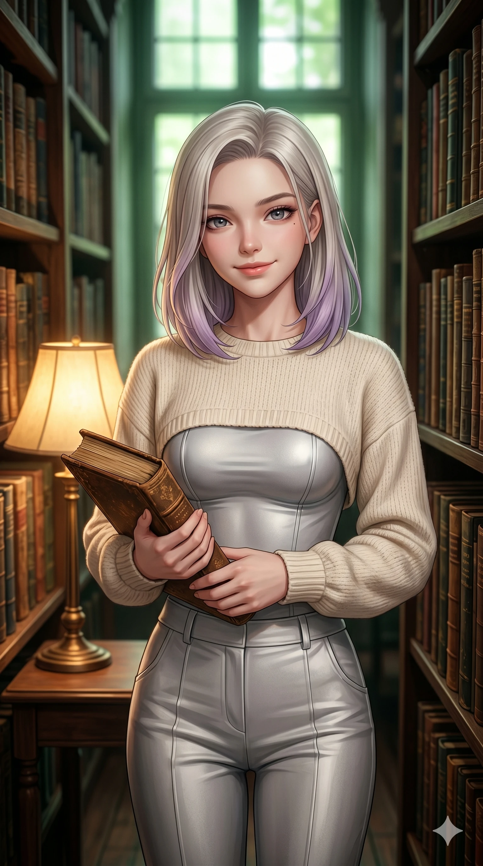 score_9, masterpiece, best quality, ultra-detailed, high-budget anime keyframe, editorial fashion photography, tasteful artistic composition, Caucasian woman, strictly human ears. Upper body close-up from the thighs up, character filling the screen for maximum presence. Inside a quiet library of physical books in a digital age, holding an old book, looking at the camera with a warm, nostalgic smile. She is wearing a casual cropped knit sweater over a structured silver bodice and trousers. The scene is lit by a warm reading lamp and soft green light filtering from a window. 2k, ultra detail, master piece, 9:16 ratio