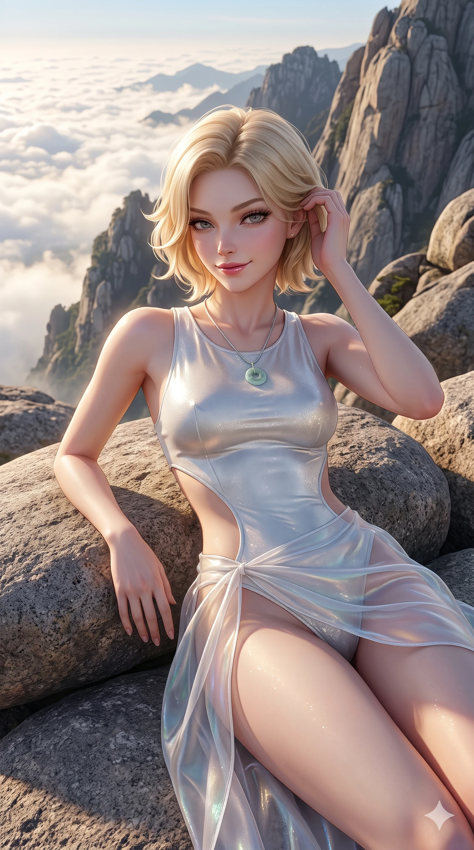 score_9, masterpiece, best quality, ultra-detailed, high-budget anime keyframe, semi-realistic 3D game render, editorial fashion photography, tasteful artistic composition, Caucasian woman. close-up cowboy shot from the waist and thighs up, the character dominates the composition, filling the frame with her large presence. gently brushing a lock of silk hair behind her ear while casting a playful, flirtatious side-gaze with long eyelashes while lounging back against the smooth granite rock propped on both elbows, her flat midriff and long slender legs commanding the panoramic mountain vista. The surrounding environment is rendered in vivid detail and crisp panoramic clarity: detailed liquid metallic lamé plunge jumpsuit cling, side cutouts, and pristine mountain geology in razor-sharp clarity. She has an exceptionally elegant, slender, and willowy female figure with an ultra-slim waist, flat toned midriff, narrow ribcage, and sculpted feminine hips creating an alluring, slim hourglass silhouette without bulk. sharp v-shaped jawline, high-bridge nose, sparkling eyes with hypnotic seductive depth, thick curled eyelashes, glossy parted lips with a natural dewy peach sheen, alluring bedroom-eyes with an enchanting coquettish smile, exuding magnetic siren charisma and sophisticated glamour, flawlessly proportioned anatomical accuracy, strict slender model proportions, natural body alignment, perfectly sculpted long slender limbs, ultra-slim waistline, clean dynamic posture without body distortion. wearing a provocative sheer nobang organza wrap overskirt layered over a form-fitting silk leotard with bare hip flanks in celestial pearl white and moonlight platinum, woven from metallic lurex thread casting radiant starlight glints across her silhouette, finished with a minimalist celadon porcelain pendant on a fine silk cord, the impeccably tailored cut draping gracefully along her slender figure with aristocratic eastern poise. illuminated by cloud sea upward bounce and sharp silver-topaz rim lights defining her razor-sharp jawline, narrow waist, and curvy hips. highly saturated vibrant anime colors, detailed shading with soft gradients, rich glossy textures, high-contrast stereoscopic depth, volumetric dynamic lighting, master piece, 9:16 ratio