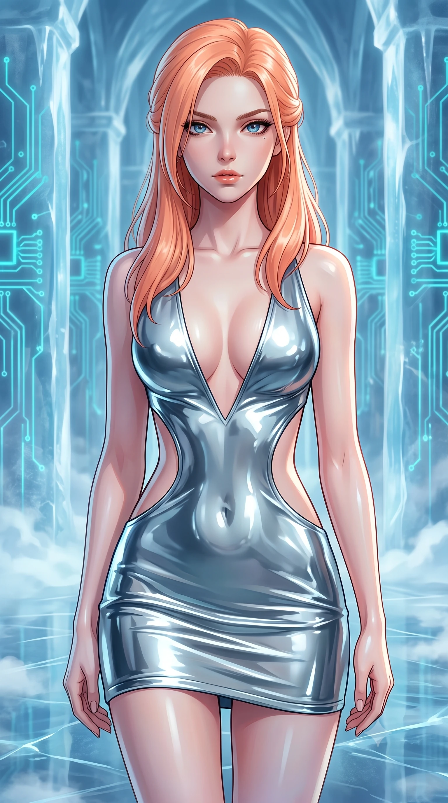 score_9, masterpiece, best quality, ultra-detailed, high-budget anime keyframe, editorial fashion photography, tasteful artistic composition, Japanese woman. close-up cowboy shot from the waist and thighs up, the character dominates the composition, filling the frame with her large presence, background elements kept in soft focus. Gazing past the camera with an air of effortless elegance and mysterious confidence standing inside an ice cathedral with glowing cyan circuit boards frozen in pillars, sub-zero mist drifting across the reflective ice floor. She has an exceptionally elegant, slender, and willowy female figure with an ultra-slim waist, a gracefully sculpted slender torso, and a refined silhouette. sharp v-shaped jawline, high-bridge nose, intricate jewel-like eyes with depth, thick eyelashes, glossy lips with a natural sheen. wearing a liquid mercury gloss mini dress with ultra-deep plunging V-neck and dramatic waist cutouts, the form-contouring material highlighting her ultra-slim waist and long lines. bathed in cold silver moonlight filtered through translucent glacial ice. highly saturated vibrant anime colors, detailed shading with soft gradients, rich glossy textures, high-contrast stereoscopic depth, volumetric dynamic lighting, master piece, 9:16 ratio