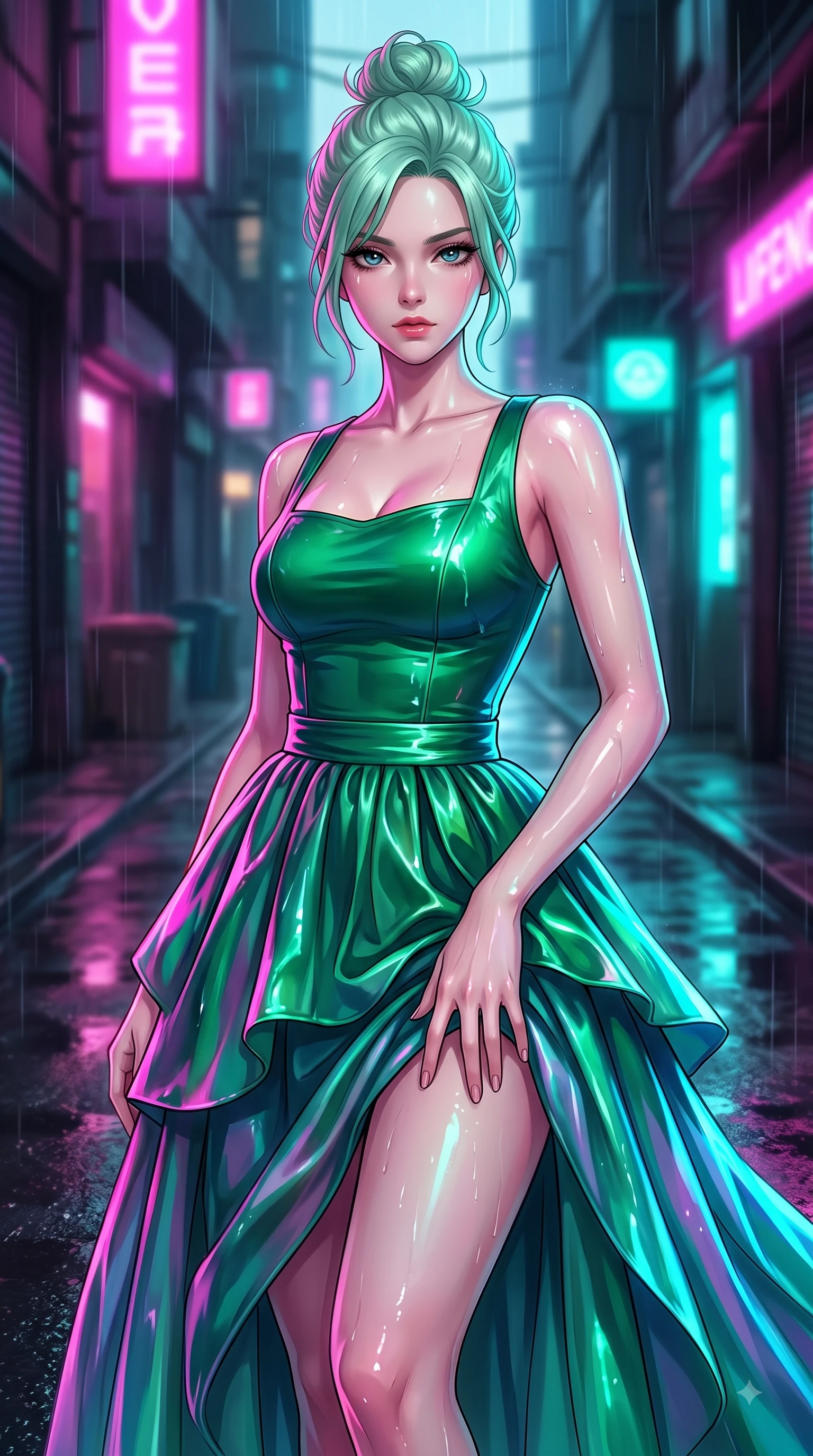 score_9, masterpiece, best quality, ultra-detailed, high-budget anime keyframe, editorial fashion photography, tasteful artistic composition, Japanese woman woman. close-up cowboy shot from the waist and thighs up, the character dominates the composition, filling the frame with her large presence, background elements kept in soft focus. She has an exceptionally elegant, slender, and willowy female figure with an ultra-slim waist, a gracefully sculpted slender torso, and a refined silhouette. casting a slow, direct gaze beneath heavy lashes with magnetic intensity, flawlessly proportioned anatomical accuracy, natural body alignment, perfectly sculpted elegant limbs, clean dynamic posture without body distortion. set against a soft-focus background of a cyberpunk alley with wet asphalt reflecting rain. wearing a modern fusion silk hanbok dress with a structured emerald bodice and flowing layered skirt. drenched in wet neon reflections of magenta and turquoise casting glossy specular highlights. highly saturated vibrant anime colors, detailed shading with soft gradients, rich glossy textures, high-contrast stereoscopic depth, volumetric dynamic lighting, master piece, 9:16 ratio