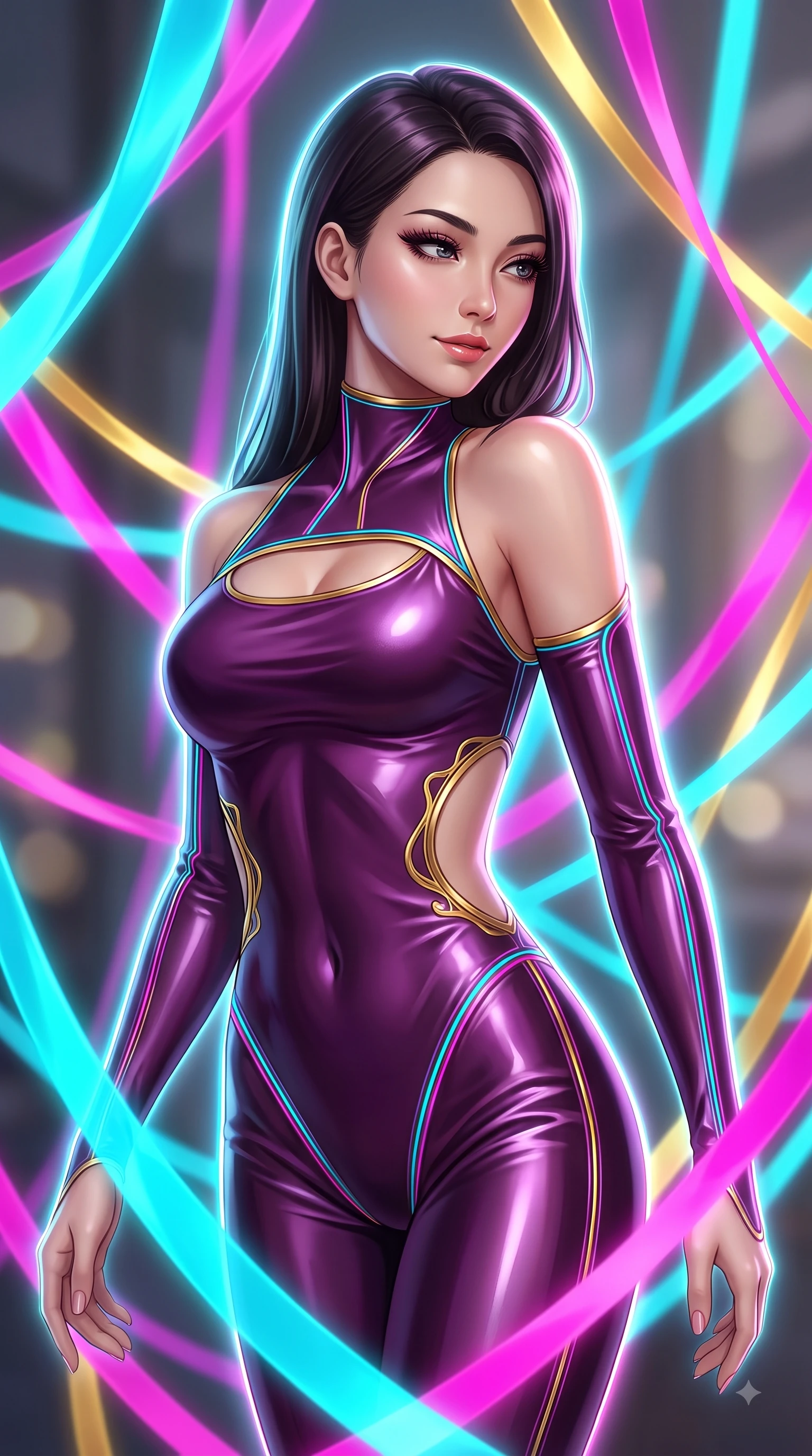 score_9, masterpiece, best quality, ultra-detailed, high-budget anime keyframe, editorial fashion photography, tasteful artistic composition, Japanese woman. close-up cowboy shot from the waist and thighs up, the character dominates the composition, filling the frame with her large presence, background elements kept in soft focus. Casting a seductive sidelong gaze over her bare shoulder with heavy lashes and a composed half-smile while navigating a maze of glowing silk ribbons that pulse to a cosmic rhythm with effortless grace, fluorescent cyan, magenta, and gold light threads crossing in 3D space. She has an exceptionally elegant, slender, and willowy female figure with an ultra-slim waist, a gracefully sculpted slender torso, and a refined silhouette. sharp v-shaped jawline, high-bridge nose, intricate jewel-like eyes with depth, thick eyelashes, glossy lips with a natural sheen, flawlessly proportioned anatomical accuracy, natural body alignment, perfectly sculpted elegant limbs, clean dynamic posture without body distortion. wearing a skin-tight cybernetic bodysuit with glowing neon seams and side cutouts in plum purple and gold filigree, crafted from lustrous satin jersey with fluid draping, accented with a Tasteful chest slit framing her clavicle gracefully, the glove-like fit emphasizing her statuesque silhouette during motion. surrounded by a vibrant fluorescent aura with bright specular rim lights. ultra-reflective glossy finish, specular highlights, metallic sheen, high-contrast stereoscopic depth, volumetric dynamic lighting, 2k, ultra detail, master piece, 9:16 ratio