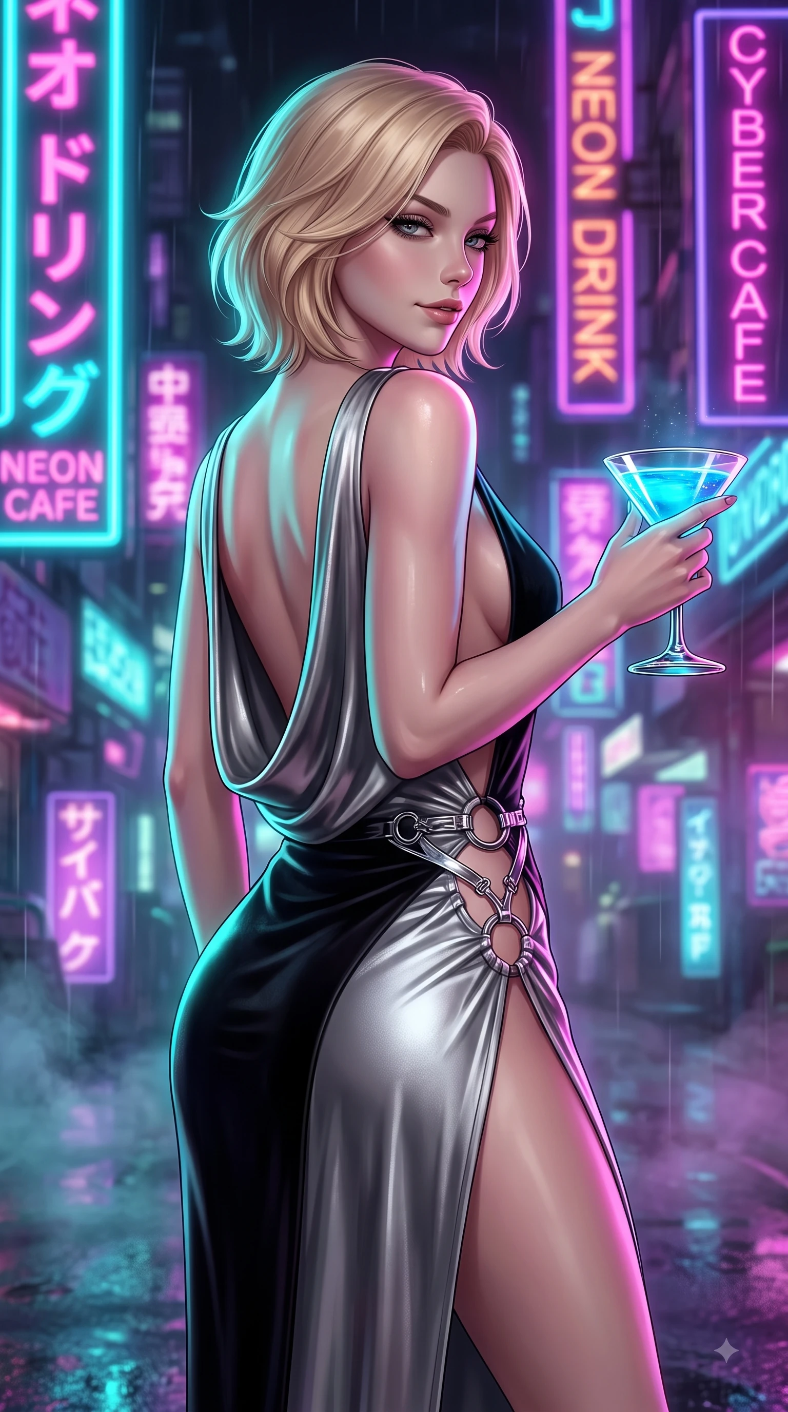 score_9, masterpiece, best quality, ultra-detailed, high-budget anime keyframe, editorial fashion photography, tasteful artistic composition, Caucasian woman. close-up cowboy shot from the waist and thighs up, the character dominates the composition, filling the frame with her large presence, background elements kept in soft focus. Casting a seductive sidelong gaze over her bare shoulder with heavy lashes and a composed half-smile while holding a glowing translucent cocktail glass under vibrant cyan and purple neon signs at night, soft urban mist scattering vibrant magenta and cyan neon rim light around her silhouette. She has an exceptionally elegant, slender, and willowy female figure with an ultra-slim waist, a gracefully sculpted slender torso, and a refined silhouette. sharp v-shaped jawline, high-bridge nose, intricate jewel-like eyes with depth, thick eyelashes, glossy lips with a natural sheen, flawlessly proportioned anatomical accuracy, natural body alignment, perfectly sculpted elegant limbs, clean dynamic posture without body distortion. wearing an elegant cowl-neck satin midi dress with a graceful draped neckline in matte black and polished silver, made of premium stretch velvet with a rich sheen, accented with delicate chrome ring hardware framing her waist, the form-contouring material highlighting her ultra-slim waist and long lines. surrounded by a high-energy, seductive cyberpunk nightlife ambiance. ultra-reflective glossy finish, specular highlights, metallic sheen, high-contrast stereoscopic depth, volumetric dynamic lighting, 2k, ultra detail, master piece, 9:16 ratio