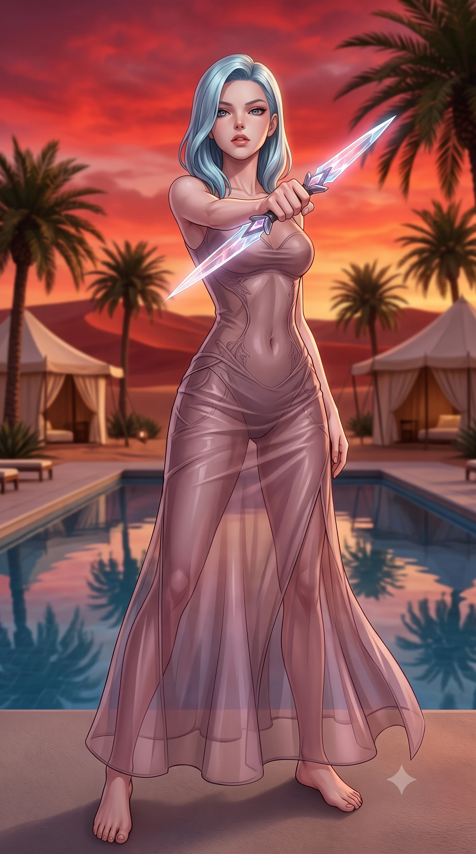 score_9, masterpiece, best quality, ultra-detailed, high-budget anime keyframe, editorial fashion photography, tasteful artistic composition, Korean woman. close-up cowboy shot from the waist and thighs up, the character dominates the composition, filling the frame with her large presence, background elements kept in soft focus. pointing a crystal-edged laser dagger forward in a defensive stance, tilting her chin up slightly with lips parted in a composed pose, the background shows a soft-focus a luxury desert resort pool deck with palm trees and canvas tents at dusk. She has an exceptionally elegant, slender, and willowy female figure with an ultra-slim waist, a gracefully sculpted slender torso, and a refined silhouette. sharp v-shaped jawline, high-bridge nose, intricate jewel-like eyes with depth, thick eyelashes, glossy lips with a natural sheen. wearing a body-hugging sheer organza dress in dusty mauve, showing her slender torso and willowy silhouette. the warm red and orange sunset sky casting a dramatic glow over the sands. highly saturated vibrant anime colors, detailed shading with soft gradients, rich glossy textures, high-contrast stereoscopic depth, volumetric dynamic lighting, master piece, 9:16 ratio