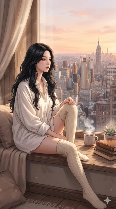 score_9, score_8_up, score_7_up, source_anime, masterpiece, best quality, ultra-detailed, same character with long black hair, wearing a white oversized shirt and high-thigh socks, sitting on a window sill in a cozy room, soft natural light, city vie
