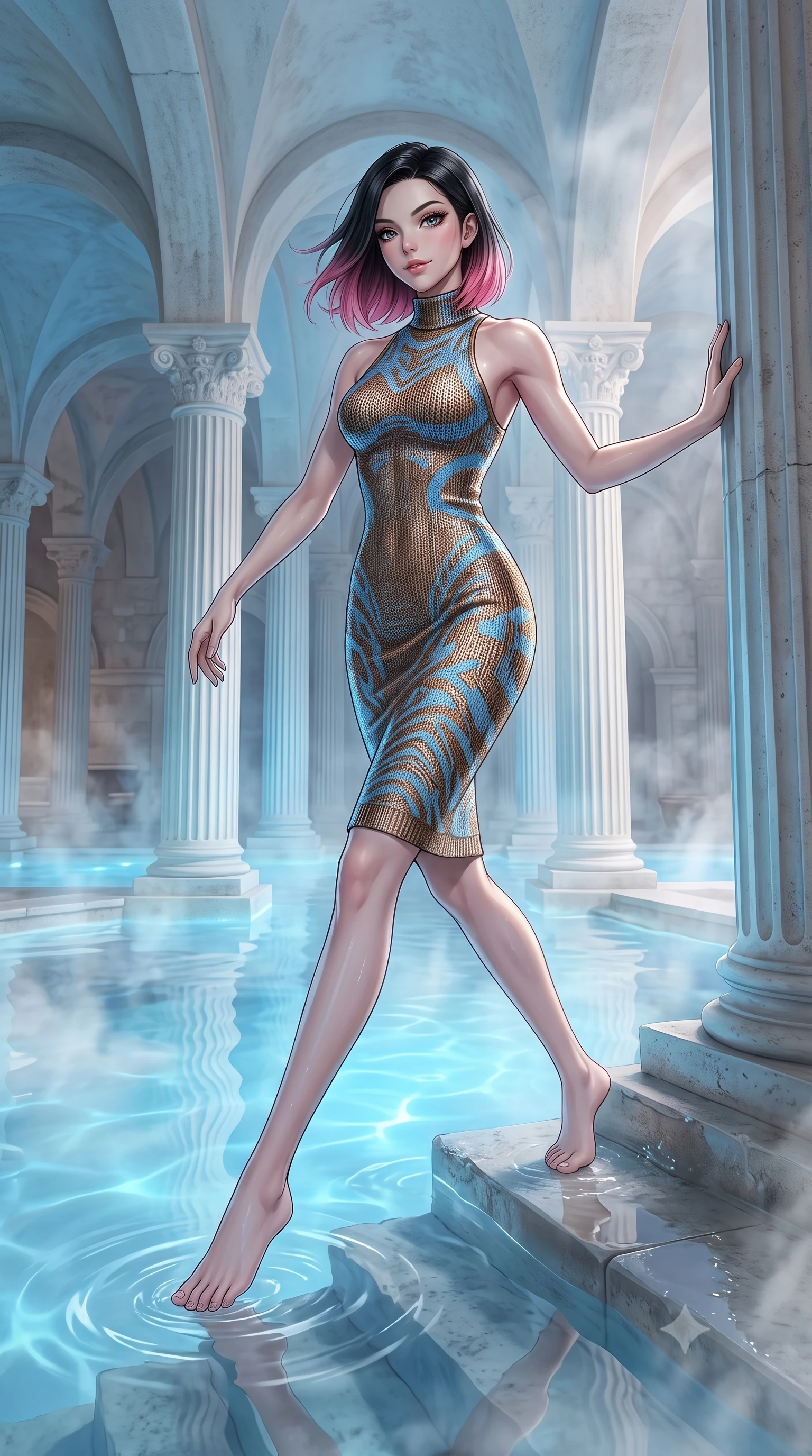 score_9, masterpiece, best quality, ultra-detailed, high-budget anime keyframe, editorial fashion photography, tasteful artistic composition, Korean woman. low angle full-body shot from head to toe showing her feet, filling the entire 9:16 vertical frame with her statuesque presence, stretching her vertical silhouette. navigating with fluid, playful motion through inside a grand roman bath chamber with columns of white travertine, the steaming thermal waters glowing with an opaline blue light. She has a statuesque 8.5-heads proportion, an exceptionally tall, slender and willowy model-like build with impossibly long legs and a highly sculpted ultra-slim waist. sharp v-shaped jawline, high-bridge nose, intricate jewel-like eyes with depth, thick eyelashes, glossy lips with a natural sheen. wearing a high-neck racer-back fitted dress in a metallic bronze and sky blue knit, highlighting her athletic shoulders and slender torso. soft diffused steam light mixed with a gentle blue underwater glow illuminating the white stone columns. 2k, ultra detail, master piece, 9:16 ratio