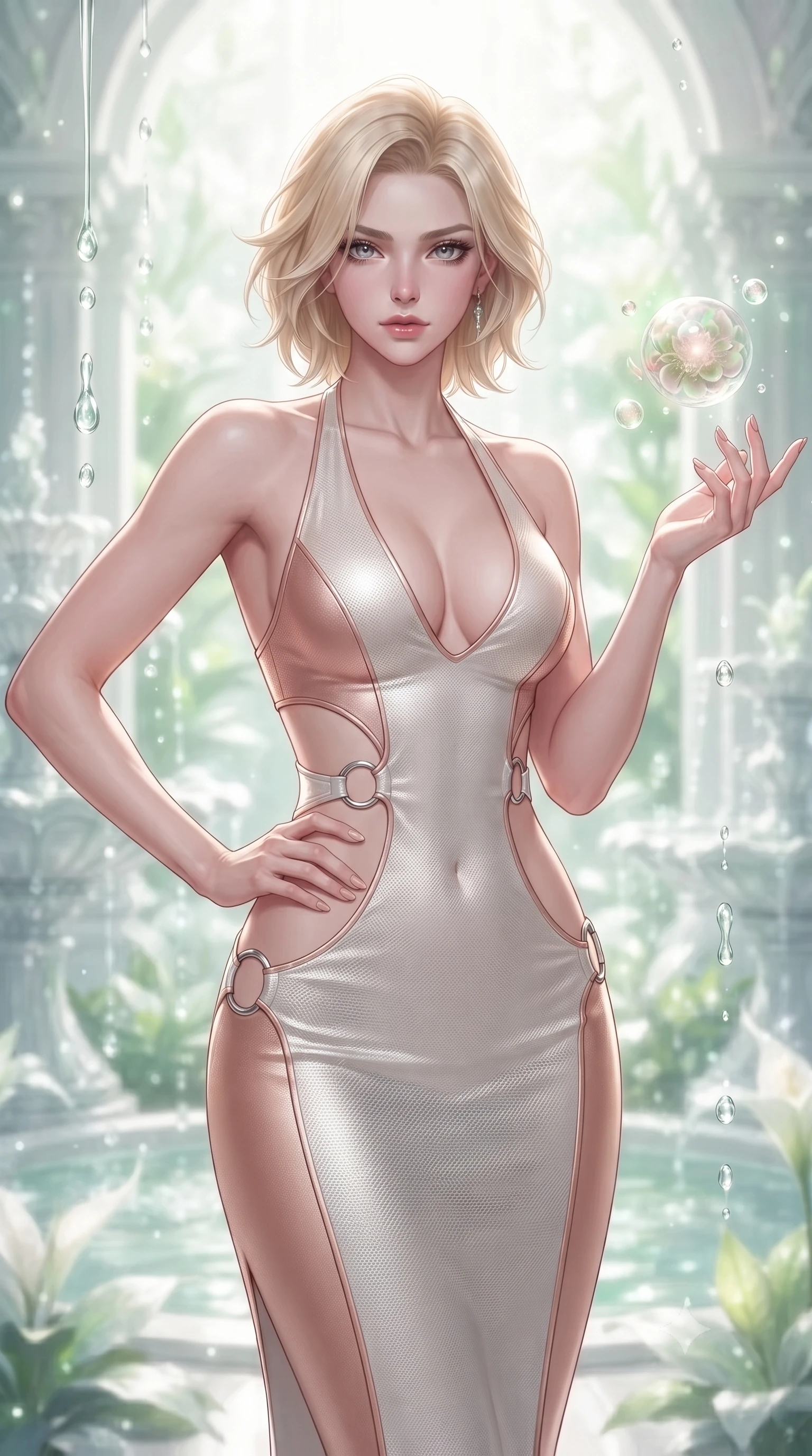score_9, masterpiece, best quality, ultra-detailed, high-budget anime keyframe, editorial fashion photography, tasteful artistic composition, Caucasian woman. close-up cowboy shot from the waist and thighs up, the character dominates the composition, filling the frame with her large presence, background elements kept in soft focus. Holding a confident power pose with one hand on her hip, gazing directly into the camera with quiet intensity interacting with a floating biomorphic pollen orb in a sunlit sanctuary, translucent water droplets cascading down platinum fountains. She has an exceptionally elegant, slender, and willowy female figure with an ultra-slim waist, a gracefully sculpted slender torso, and a refined silhouette. sharp v-shaped jawline, high-bridge nose, intricate jewel-like eyes with depth, thick eyelashes, glossy lips with a natural sheen. wearing a deep-scoop halter bodycon dress with hip cutouts connected by silver rings in pearl white and rose gold, made of fine carbon-fiber weave and soft matte leather, featuring clean architectural cutouts along her slender torso, the sleek second-skin texture accentuating her magnetic presence. surrounded by a bright, airy ambiance with radiant white and green highlights. ultra-reflective glossy finish, specular highlights, metallic sheen, high-contrast stereoscopic depth, volumetric dynamic lighting, 2k, ultra detail, master piece, 9:16 ratio