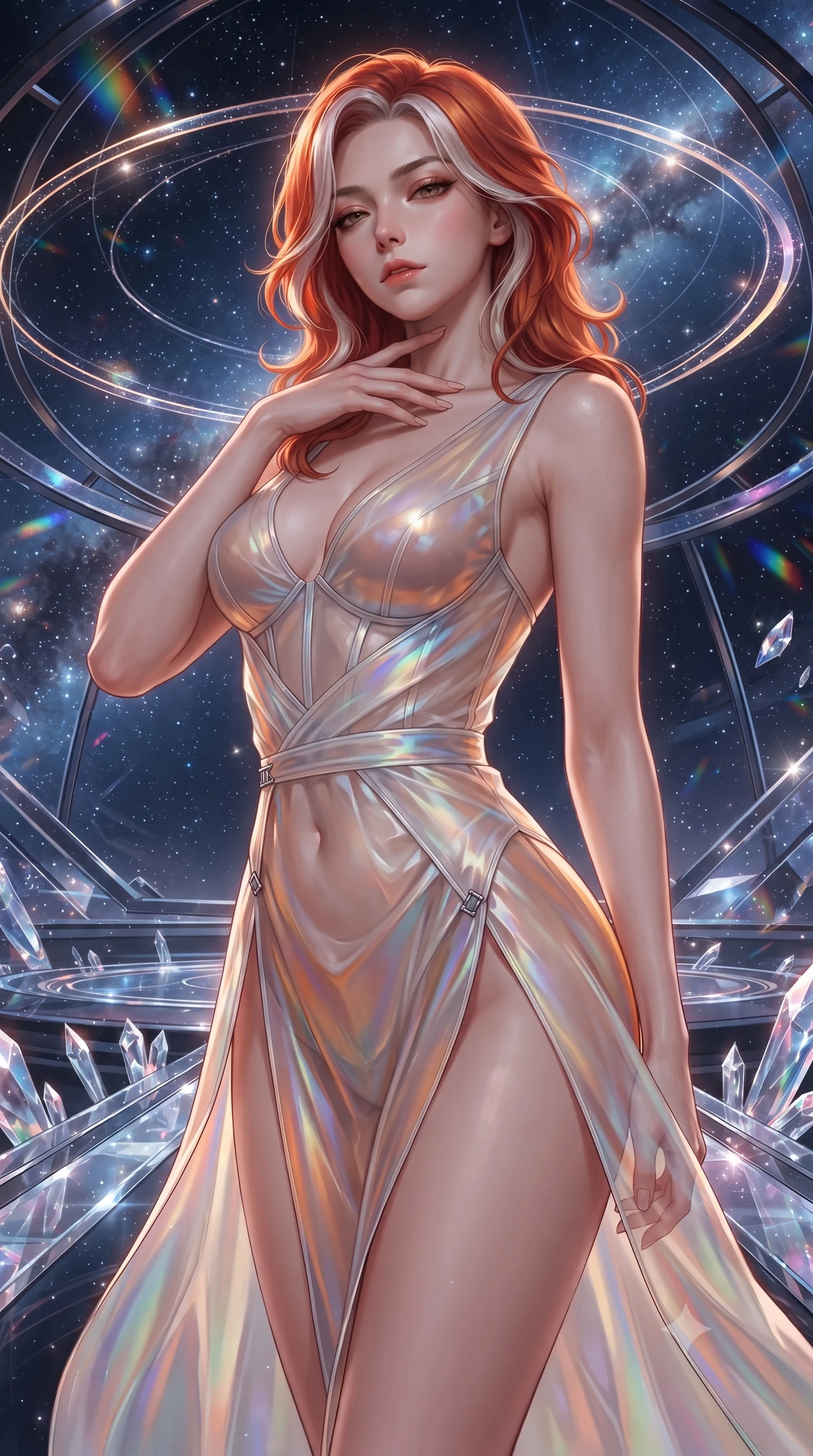 score_9, masterpiece, best quality, ultra-detailed, high-budget anime keyframe, editorial fashion photography, tasteful artistic composition, Caucasian woman. close-up cowboy shot from the waist and thighs up, the character dominates the composition, filling the frame with her large presence. resting her fingers lightly against her throat while looking down with a smoldering, haughty yet intensely captivating glance while arching her spine in a fluid zero-gravity turn as cosmic stardust and diamond reflections outline her sculpted torso. The surrounding environment is rendered in vivid detail and crisp panoramic clarity. intricate cosmic observatory rings, starlight refraction patterns, and crystalline walkways in high clarity. She has an exceptionally elegant, slender, and willowy female figure with an ultra-slim waist, a gracefully sculpted slender torso, toned flat midriff, and a refined slim silhouette. sharp v-shaped jawline, high-bridge nose, intricate jewel-like eyes with depth, thick eyelashes, glossy lips with a natural sheen, flawlessly proportioned anatomical accuracy, strict slender model proportions, natural body alignment, perfectly sculpted long slender limbs, ultra-slim waistline, clean dynamic posture without body distortion. wearing a translucent iridescent organza wrap dress with structured bustier boning, plunging neckline, and high-cut dual leg slits in vivid sunset amber orange and cloud white, made of smooth iridescent silk chiffon that shifts colors with movement, finished with an ultra-high side slit secured by miniature magnetic clasps, the form-contouring material adhering flawlessly to her sculpted flat midriff and slender torso, emphasizing her long leg lines and perfectly proportioned willowy build. illuminated by crisp diamond-specular highlights tracing her sculpted collarbones, waist, and slender limbs. ultra-reflective glossy finish, specular highlights, metallic sheen, high-contrast stereoscopic depth, volumetric dynamic lighting, 2k, ultra detail, master piece, 9:16 ratio