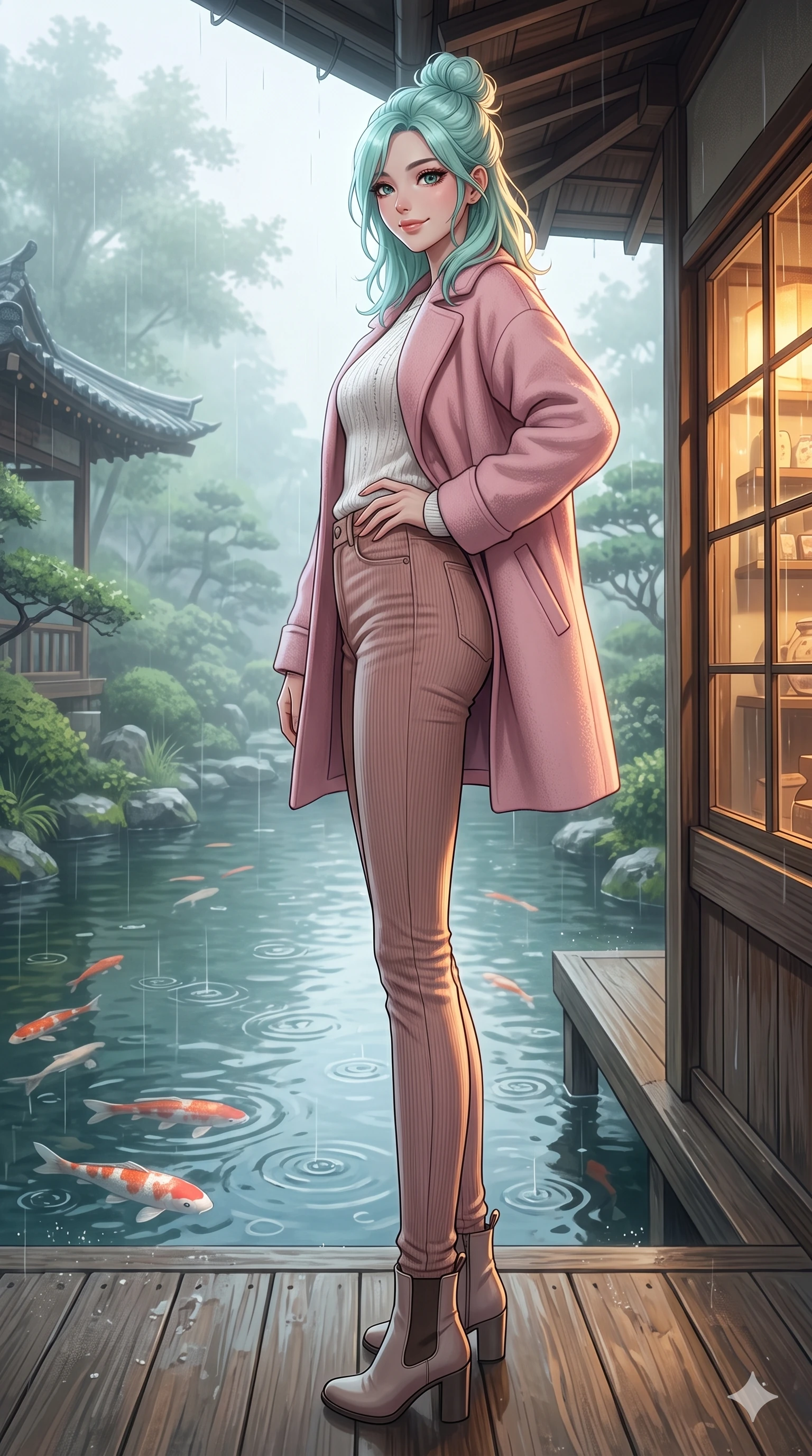 score_9, masterpiece, best quality, ultra-detailed, high-budget anime keyframe, vibrant anime aesthetic, Japanese woman. low angle full-body shot from head to toe showing her feet, filling the entire 9:16 vertical frame with her statuesque presence, stretching her vertical silhouette. She is posing with a confident, magnetic smile, one hand on her waist, looking over her shoulder at the camera surrounded by fresh morning mist. on a wooden veranda of a traditional garden pavilion, watching rain ripples in a large koi pond (Code-P22-025). She has an absolutely perfect 8-heads proportion, an exceptionally tall and slender female figure with impossibly long slender legs and an ultra-slim waist. V-shaped jawline, high-bridge nose, intricate jewel-like eyes with depth, thick eyelashes, glossy lips with a natural sheen. wearing a cozy woolen coat in pastel pink over a white knit top and fitted corduroy pants with stylish boots. She is illuminated by dramatic rim lights from a vintage shop window, adding depth to her jewel-like eyes during a refreshing sun shower. 2k, ultra detail, master piece, 9:16 ratio