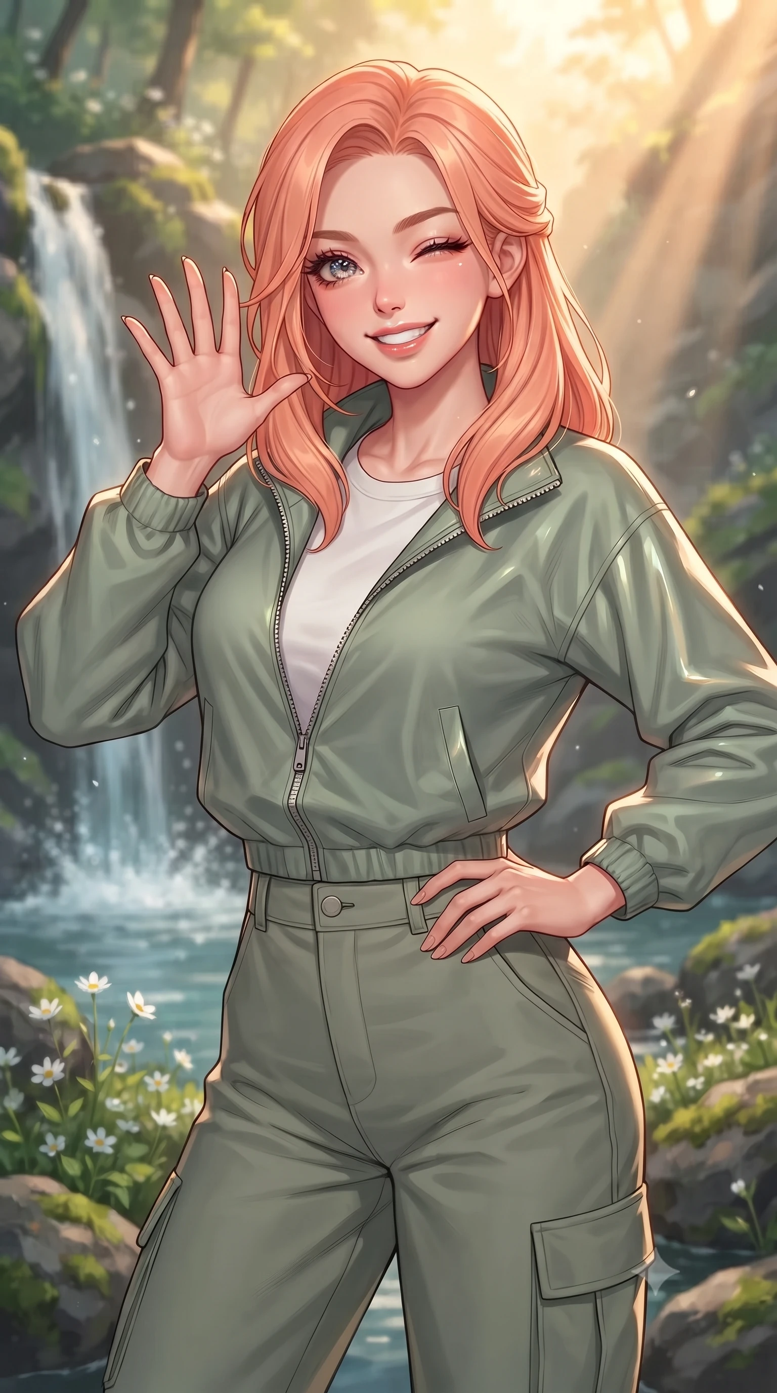 score_9, masterpiece, best quality, ultra-detailed, high-budget anime keyframe, editorial fashion photography, tasteful artistic composition, Japanese woman. close-up cowboy shot from the waist and thighs up, the character dominates the composition, filling the frame with her large presence, background elements kept in soft focus. smiling brightly with a cheerful expression, winking playfully at the viewer set against a soft-focus background of near a beautiful forest waterfall with clean water splashing into a pool with small white wildflowers growing between the mossy river rocks. She has an exceptionally elegant, slender, and willowy female figure with an ultra-slim waist, a gracefully sculpted slender torso, and a refined silhouette. sharp v-shaped jawline, high-bridge nose, intricate jewel-like eyes with depth, thick eyelashes, glossy lips with a natural sheen. wearing tailored casual athletic windbreaker in sage green, paired with a simple tee and cargo pants. golden hour sunset light slicing through the valley gorge in warm rays. ultra-reflective glossy finish, specular highlights, metallic sheen, high-contrast stereoscopic depth, volumetric dynamic lighting, 2k, ultra detail, master piece, 9:16 ratio