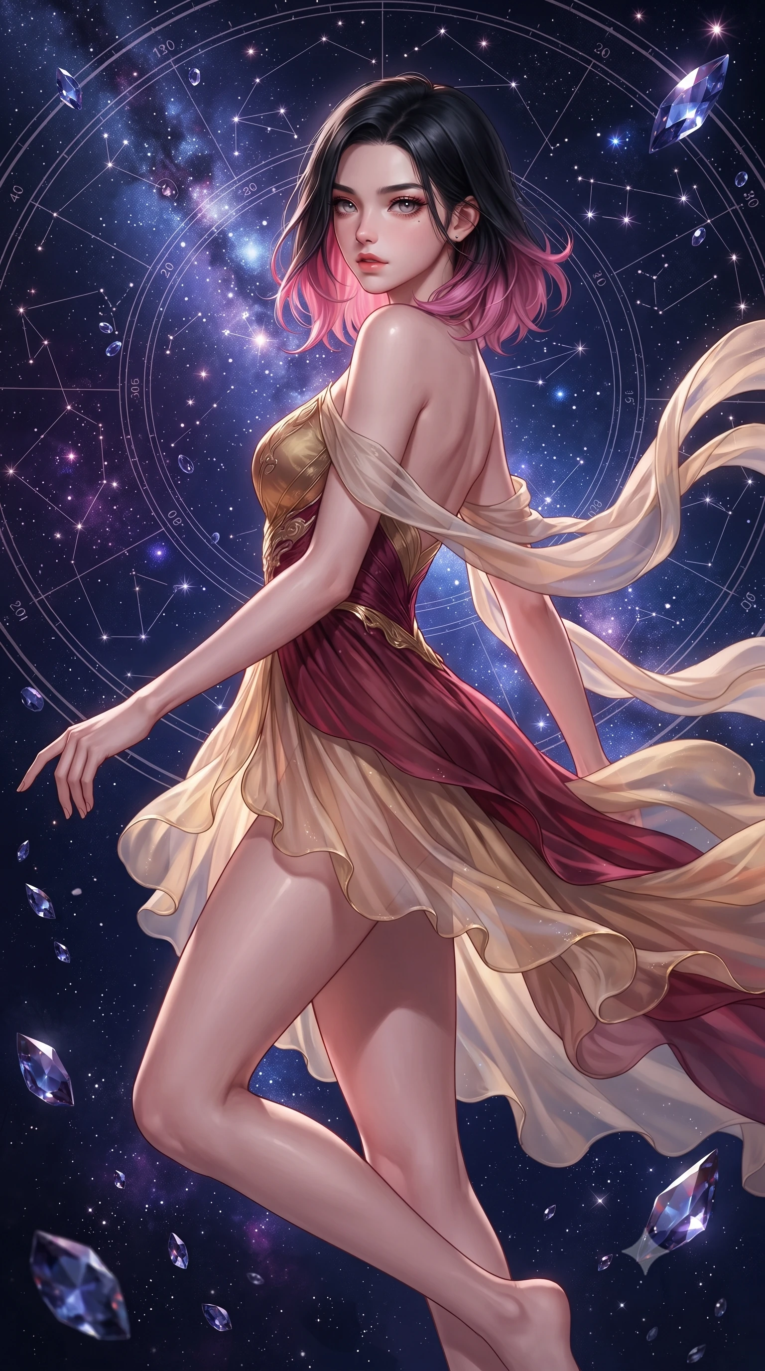 score_9, masterpiece, best quality, ultra-detailed, high-budget anime keyframe, editorial fashion photography, tasteful artistic composition, Korean woman. close-up cowboy shot from the waist and thighs up, the character dominates the composition, filling the frame with her large presence. turning over her shoulder with an indomitable, smoldering gaze, her soft hair framing her razor-sharp v-shaped jawline while hovering suspended in the center of a celestial star map with an indomitable, radiant gaze locking onto the viewer. The surrounding environment is rendered in vivid detail and crisp panoramic clarity. intricate constellation line engravings, transparent silk fabric weaves, and floating crystal facets in deep focus. She has an exceptionally elegant, slender, and willowy female figure with an ultra-slim waist, a gracefully sculpted slender torso, toned flat midriff, and a refined slim silhouette. sharp v-shaped jawline, high-bridge nose, intricate jewel-like eyes with depth, thick eyelashes, glossy lips with a natural sheen, captivating and magnetic expression, flawlessly proportioned anatomical accuracy, strict slender model proportions, natural body alignment, perfectly sculpted long slender limbs, ultra-slim waistline, clean dynamic posture without body distortion. wearing a celestial lotus-inspired layered chiffon gown with an exposed clavicle bodice in imperial gold and deep crimson silk, crafted from sheer cascading chiffon that ripples like water, complemented by long flowing silk arm ribbons that float weightlessly in the air, the sleek tailored cut tightly hugging her graceful clavicle, narrow waist, and feminine curves with statuesque precision. illuminated by crisp specular highlights tracing her ultra-slim waist, toned midriff, and long slender limbs. ultra-reflective glossy finish, specular highlights, rich textural contrasts, high-contrast stereoscopic depth, volumetric dynamic lighting, 2k, ultra detail, master piece, 9:16 ratio