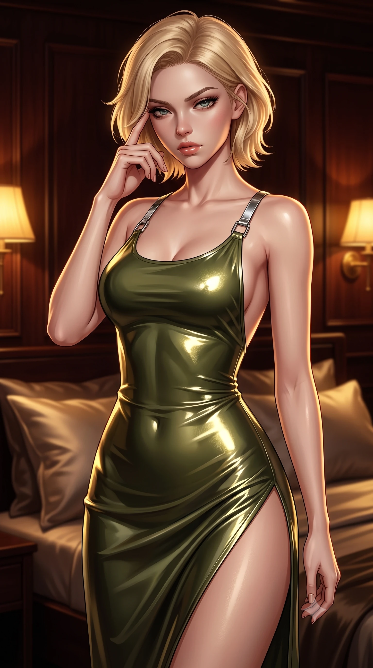 score_9, masterpiece, best quality, ultra-detailed, high-budget anime keyframe, editorial fashion photography, tasteful artistic composition, Caucasian woman. close-up cowboy shot from the waist and thighs up, the character dominates the composition, filling the frame with her large presence, background elements kept in soft focus. gently touching the side of her temple, casting a heavy-lidded, sultry look past the camera, the background shows a soft-focus a luxury sleeper cabin with dark mahogany panels and silk pillows. She has an exceptionally elegant, slender, and willowy female figure with an ultra-slim waist, a gracefully sculpted slender torso, and a refined silhouette. sharp v-shaped jawline, high-bridge nose, intricate jewel-like eyes with depth, thick eyelashes, glossy lips with a natural sheen. wearing a form-contouring dramatic open-back maxi combat dress in olive green, featuring a high thigh slit and chrome straps. warm golden lamplight casting cozy, intimate shadows on her outfit. ultra-reflective glossy finish, specular highlights, metallic sheen, high-contrast stereoscopic depth, volumetric dynamic lighting, 2k, ultra detail, master piece, 9:16 ratio