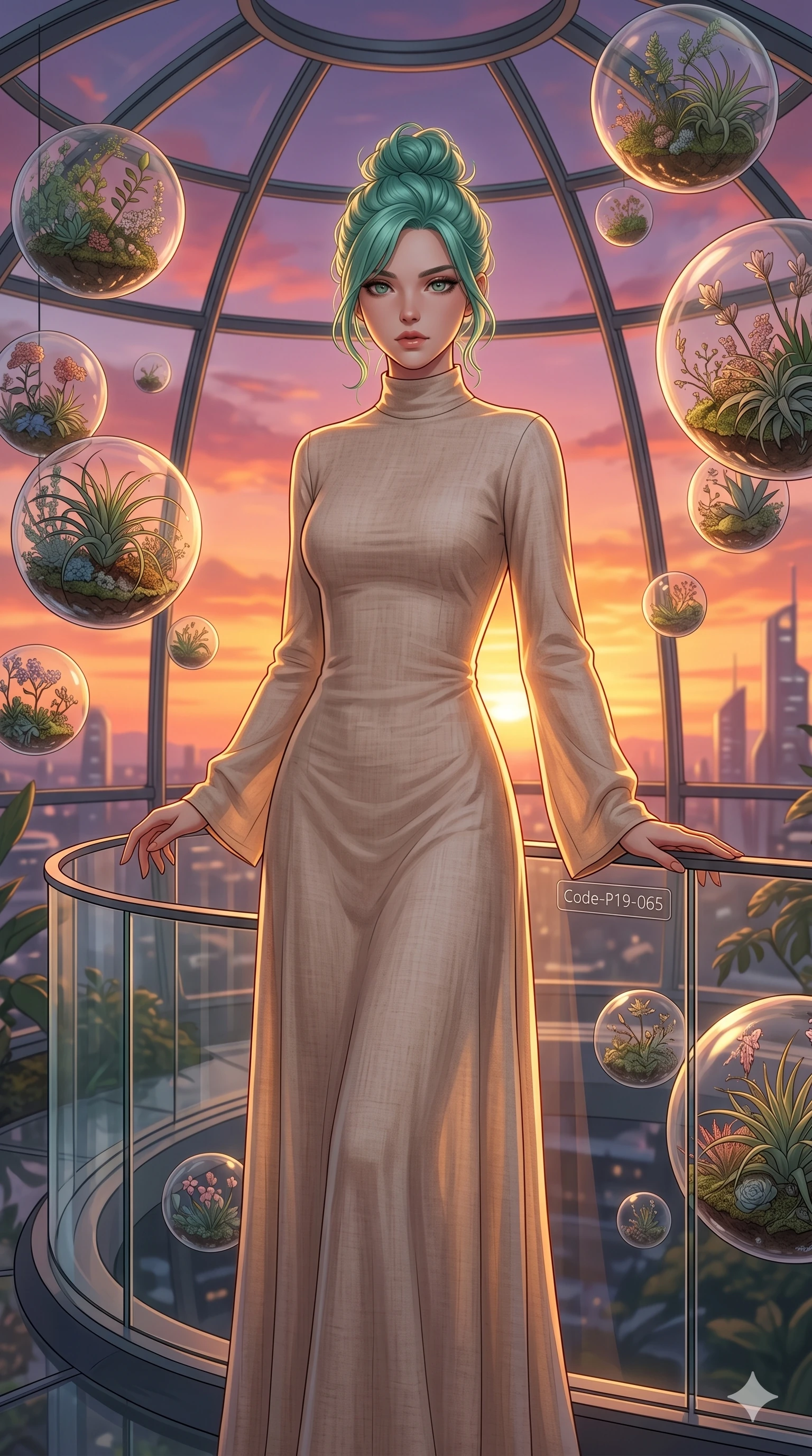 score_9, masterpiece, best quality, ultra-detailed, high-budget anime keyframe, editorial fashion photography, tasteful artistic composition, Japanese woman. cowboy shot from the thighs up, character and outfit filling the frame for maximum editorial presence. resting her hands on the glass balcony, looking at the camera with an air of quiet self-assurance inside a futuristic glass dome with levitating botanical spheres (Code-P19-065). She has an absolutely perfect 8-heads proportion, an exceptionally tall and slender female figure with impossibly long slender legs and an ultra-slim waist. V-shaped jawline, high-bridge nose, intricate jewel-like eyes with depth, thick eyelashes, glossy lips with a natural sheen. wearing a high-neck long-sleeved maxi dress in a light beige linen fabric. bathed in warm golden hour sunset light, tracing the sleek contours of her athletic build. 2k, ultra detail, master piece, 9:16 ratio