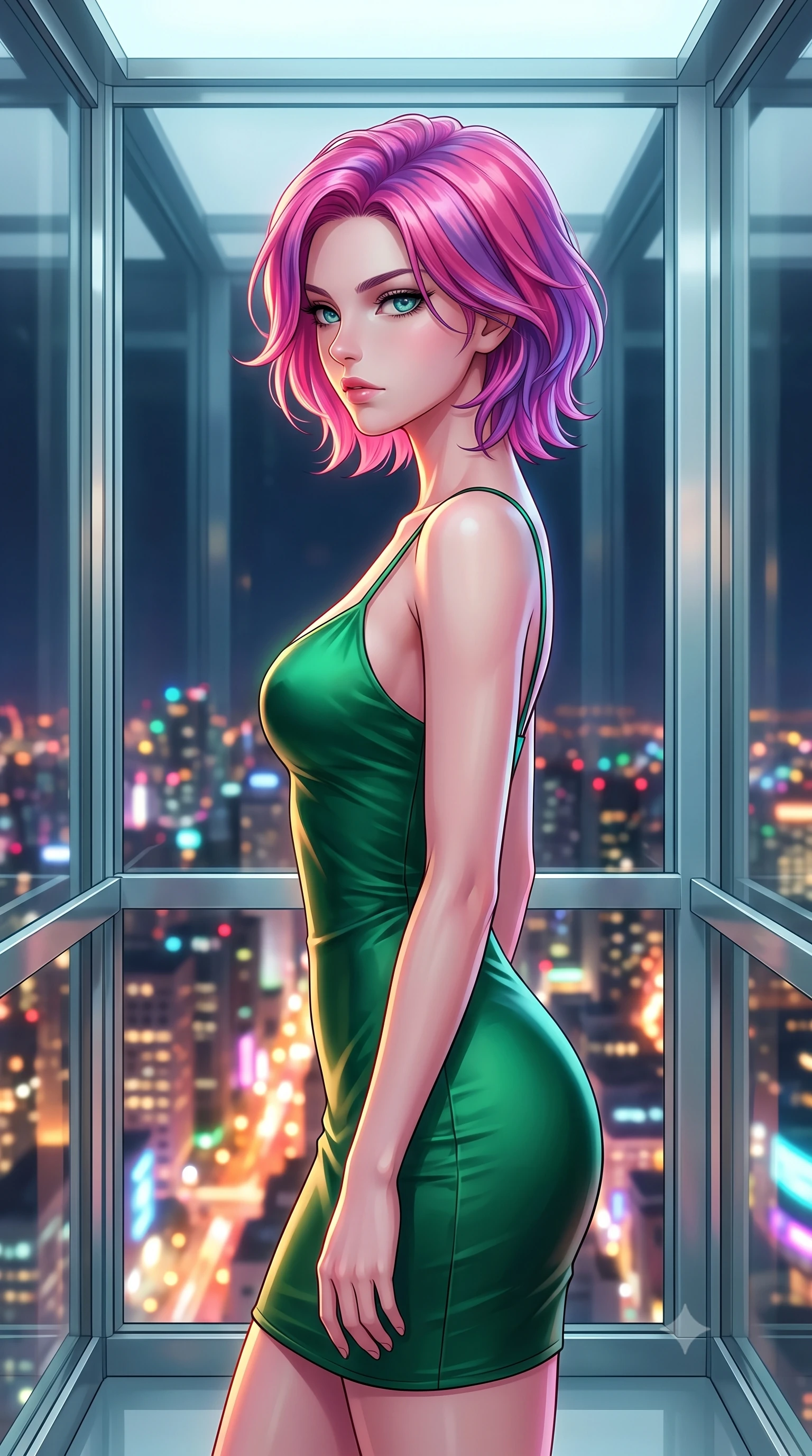 score_9, masterpiece, best quality, ultra-detailed, high-budget anime keyframe, editorial fashion photography, tasteful artistic composition, Caucasian woman. close-up cowboy shot from the waist and thighs up, the character dominates the composition, filling the frame with her large presence, background elements kept in soft focus. turning her face in sharp profile, casting a cold, mysterious, yet intensely alluring side gaze, the background shows a soft-focus a minimalist glass elevator ascending the exterior facade of a 100-story tower at night. She has an exceptionally elegant, slender, and willowy female figure with an ultra-slim waist, a gracefully sculpted slender torso, and a refined silhouette. sharp v-shaped jawline, high-bridge nose, intricate jewel-like eyes with depth, thick eyelashes, glossy lips with a natural sheen. wearing a tailored form-contouring emerald green silk slip dress that hugs her slender waist and hips. dramatic uplighting from the glowing city below tracing her slender build. highly saturated vibrant anime colors, detailed shading with soft gradients, rich glossy textures, high-contrast stereoscopic depth, volumetric dynamic lighting, master piece, 9:16 ratio