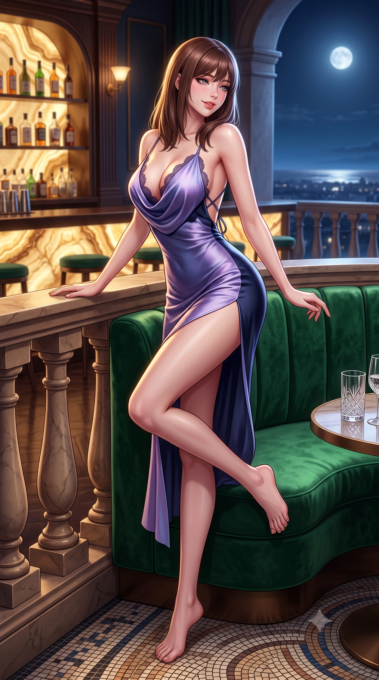 score_9, masterpiece, best quality, ultra-detailed, high-budget anime keyframe, semi-realistic 3D game render, editorial fashion photography, tasteful artistic composition, Korean woman. low angle full-body shot from head to toe showing her feet, filling the entire 9:16 vertical frame with her statuesque presence, stretching her vertical silhouette. leaning deep against the balcony balustrade with hips cocked back in an unapologetically alluring high-fashion stance, casting an intoxicating glance over the moonlit horizon while lounging across an emerald-green curved velvet banquette with legs crossed, arching her lower back with magnetic femme fatale elegance. The surrounding environment is rendered in vivid detail and crisp panoramic clarity: sharp crushed velvet pile texture, backlit onyx stone pattern, and cut-crystal glassware facet clarity in deep focus. She has an absolutely perfect, statuesque 8.5-heads proportion, an exceptionally tall and slender model-like female figure with impossibly long slender legs, an ultra-slim waist, a flat toned midriff, narrow delicate ribcage, and beautifully sculpted feminine hips creating a graceful, slim hourglass silhouette without any bulky heaviness. sharp v-shaped jawline, high-bridge nose, sparkling eyes with hypnotic seductive depth, thick curled eyelashes, glossy parted lips with a natural dewy peach sheen, alluring bedroom-eyes with an enchanting coquettish smile, exuding magnetic siren charisma and sophisticated high-fashion glamour, flawlessly proportioned anatomical accuracy, strict slender model proportions, natural body alignment, perfectly sculpted long slender limbs, ultra-slim waistline, clean dynamic posture without body distortion. wearing a plunging cowl-neck liquid silk slip dress with a daring thigh-high split and delicate criss-cross back ties in twilight lavender and midnight indigo, tailored from fine ribbed modal knit with gentle elastic contouring and soft hand-feel, finished with scalloped eyelash lace trim framing her sweetheart neckline with intimate elegance, the glove-like clinging cut tightly following the natural contour of her hips and long slender legs with youthful 8.5-heads elegance. illuminated by backlit onyx bar glow and sharp warm-gold rim lights defining her razor-sharp jawline, ultra-slim waist, and curvy hips. highly saturated vibrant anime colors, detailed shading with soft gradients, rich glossy textures, high-contrast stereoscopic depth, volumetric dynamic lighting, master piece, 9:16 ratio
