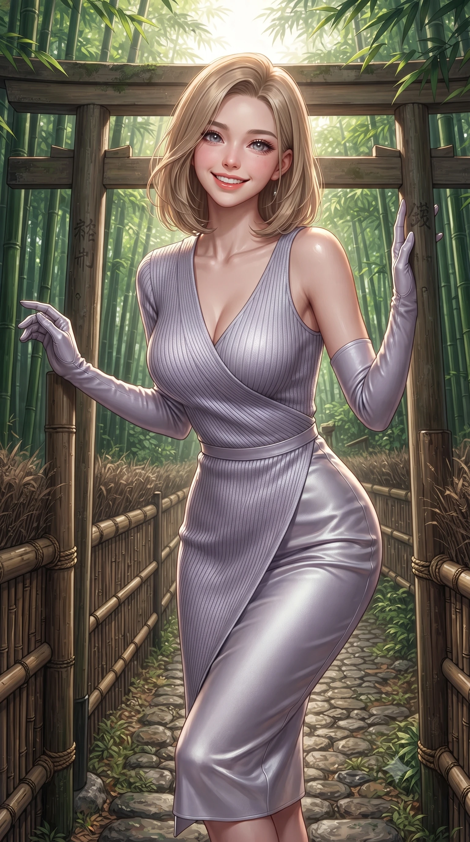 score_9, masterpiece, best quality, ultra-detailed, high-budget anime keyframe, editorial fashion photography, tasteful artistic composition, Korean woman. close-up cowboy shot from the waist and thighs up, the character dominates the composition, filling the frame with her large presence. resting both elbows on the balustrade while leaning forward gracefully, her smile sparkling with youthful cute charm and seductive allure while pausing beside a weathered wooden torii gate entrance, one hand resting on the cedar post with timeless Kyoto charm. The surrounding environment is rendered in vivid detail and crisp panoramic clarity: sharp vertical ridges on bamboo stalks, textured cobblestones on forest path, and woven bamboo railing cordage in deep focus. She has an exceptionally elegant, slender, and willowy female figure with an ultra-slim waist, flat toned midriff, narrow ribcage, and sculpted feminine hips creating an alluring, slim hourglass silhouette without bulk. sharp v-shaped jawline, high-bridge nose, intricate jewel-like sparkling eyes with depth, thick eyelashes, glossy parted lips with a natural peach sheen, bright cheerful beaming smile with an enchanting and coquettish sensual glint, exuding both youthful cute charm and seductive allure, flawlessly proportioned anatomical accuracy, strict slender model proportions, natural body alignment, perfectly sculpted long slender limbs, ultra-slim waistline, clean dynamic posture without body distortion. wearing a body-hugging asymmetrical-wrap ribbed knit midi dress with fluid stretch fabric tracing her curvaceous hips in frosted mountain lavender and shimmering ice silver, crafted from lustrous liquid satin crepe that drapes in body-clinging ripples catching ambient lights, complemented by buttery leather opera gloves tracing her slender arms with sleek polish, the liquid-tight tailored fabric clinging flawlessly to her narrow waist and rounded feminine hips, emphasizing every millimeter of her sculpted slim hourglass curves without any bulky heaviness. bathed in ethereal shafts of morning sunlight (komorebi) piercing through dense emerald bamboo canopies. ultra-reflective glossy finish, specular highlights, rich textural contrasts, high-contrast stereoscopic depth, volumetric dynamic lighting, 2k, ultra detail, master piece, 9:16 ratio